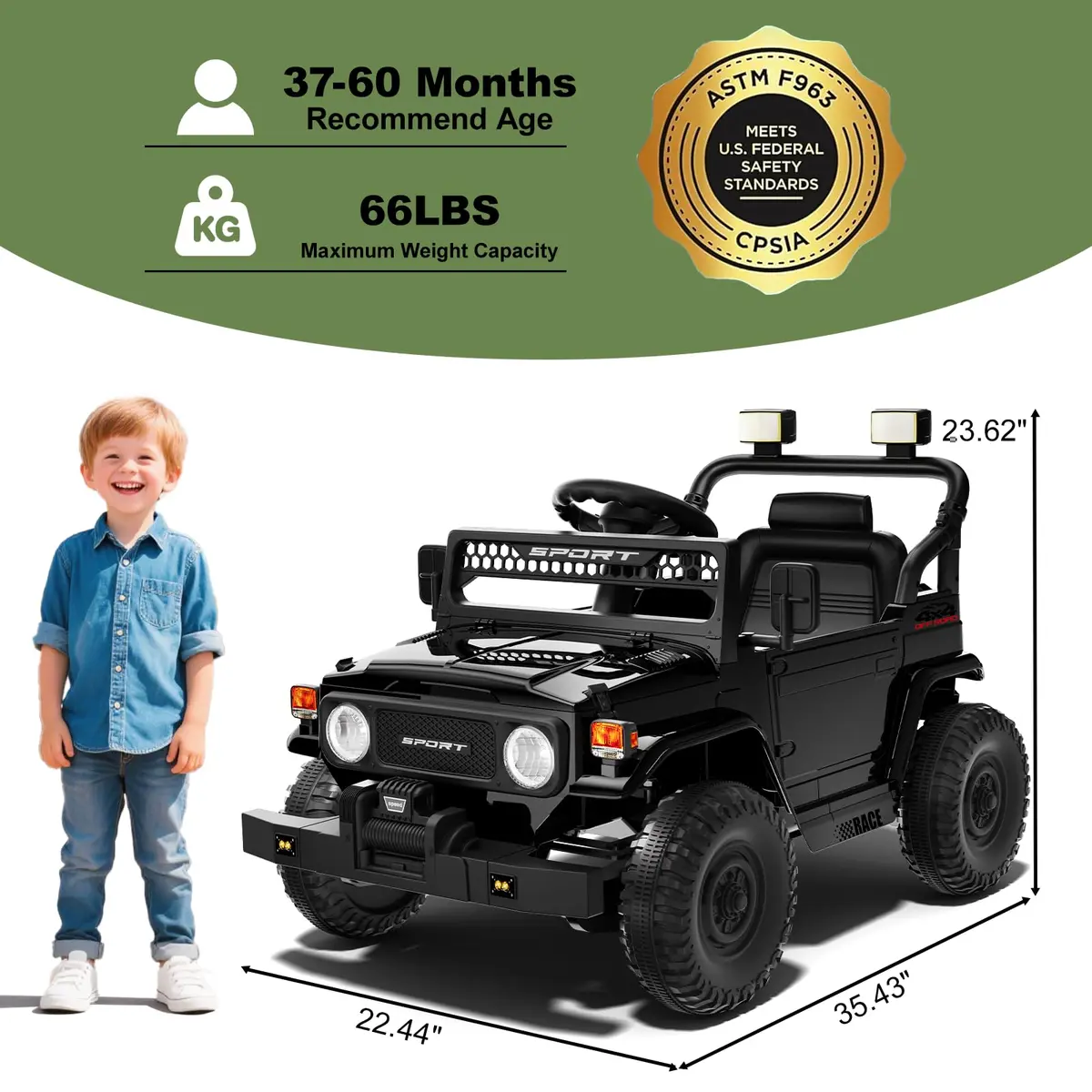 YunTopKids Kid Car 12V Ride On Toy with Remote Control Black | All-Terrain, 7Ah Battery, Ages 37-60 Months - view 5