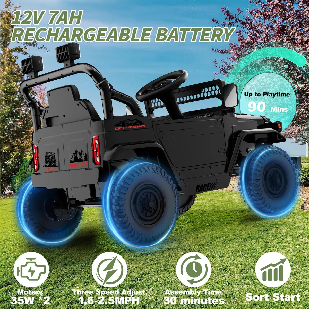YunTopKids Kid Car 12V Ride On Toy with Remote Control Black | All-Terrain, 7Ah Battery, Ages 37-60 Months - view 3