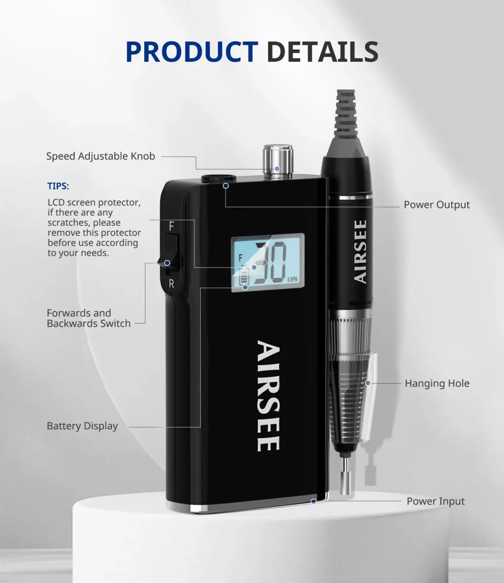 AIRSEE Rechargeable 30000RPM Electric Nail Drill E-File Machine for Acrylic & Gel Nails (Cordless, Black) - view 2