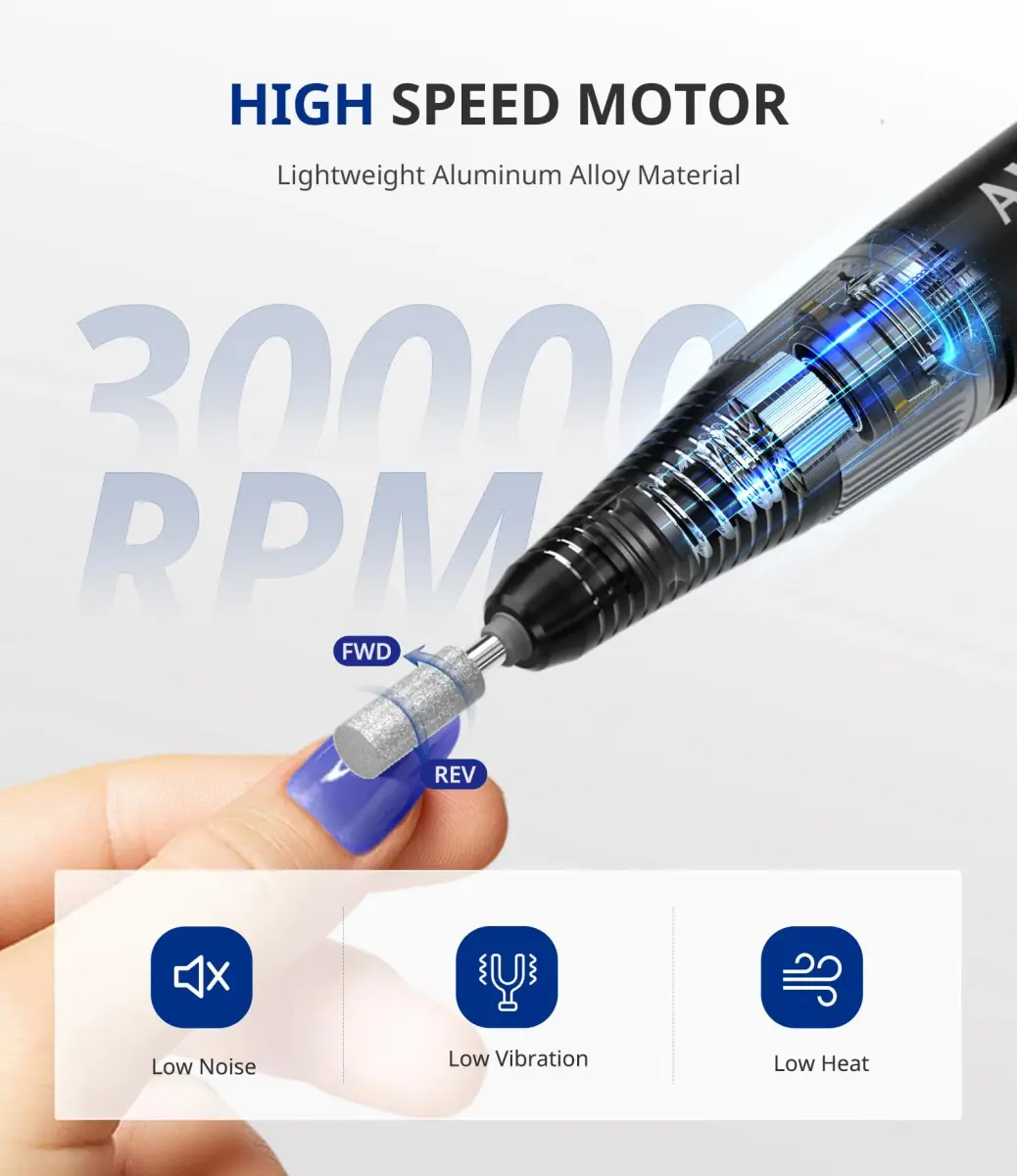 AIRSEE Rechargeable 30000RPM Electric Nail Drill E-File Machine for Acrylic & Gel Nails (Cordless, Black) - view 3