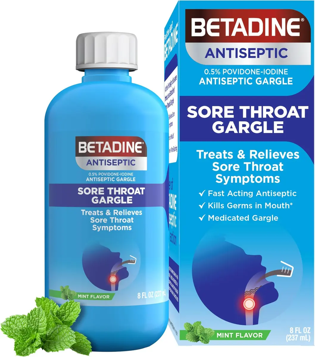 Betadine Sore Throat Relief Gargle, 8 Oz, Fast Acting Antiseptic with Povidone-Iodine 0.5%, Mint Flavor (Pack of 12) | Trusted for 50+ Years - main product image