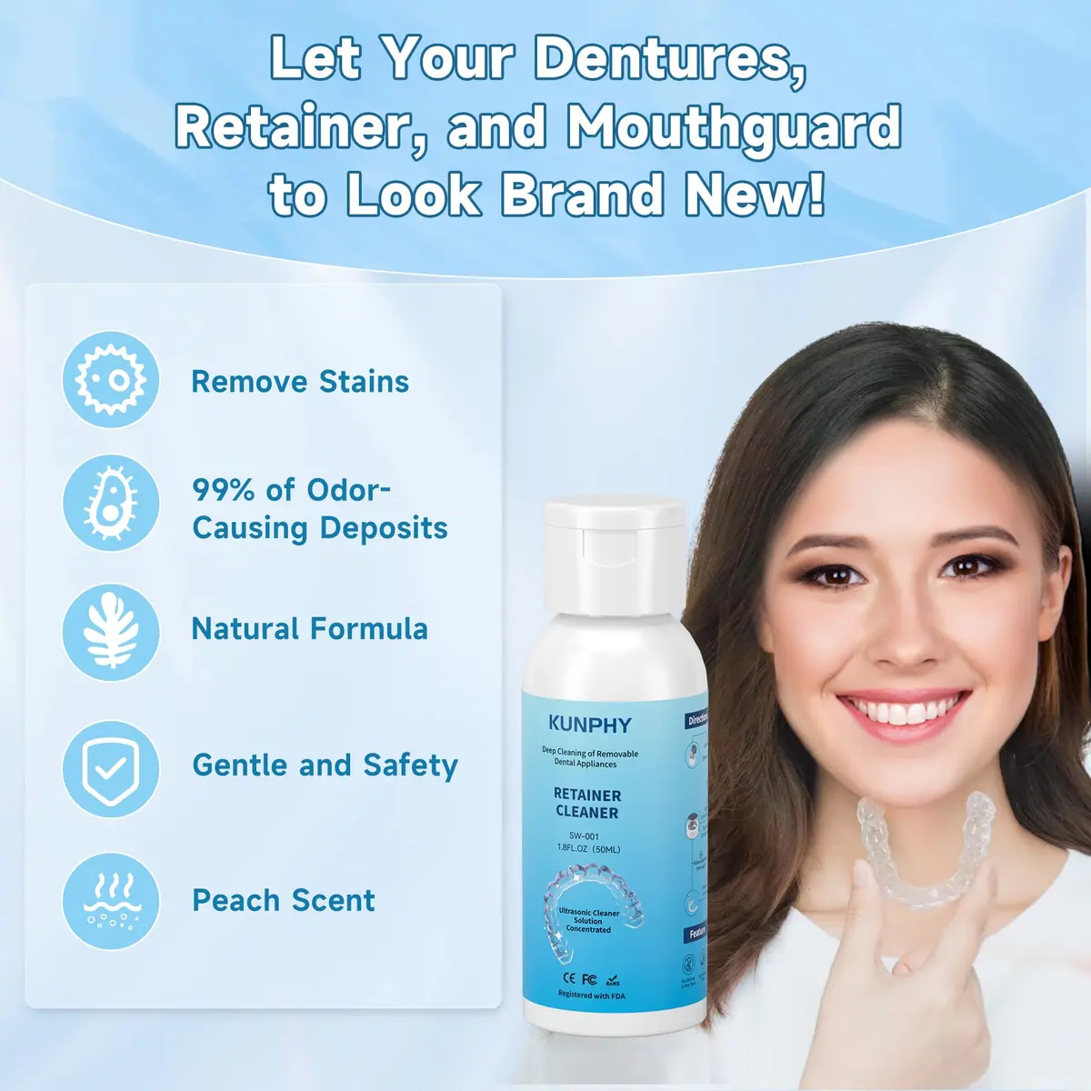 kunphy Ultrasonic Retainer Cleaner Solution 50ml (1.8 Fl Oz) | Professional Dental Appliance Cleaning - view 2