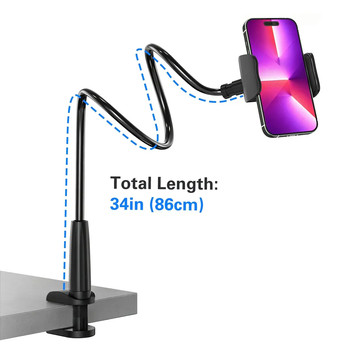 MAGIPEA Gooseneck Phone Holder for Bed, 39inch Flexible Long Arm Overhead Cell Phone Mount for Desk, Hands-Free Viewing Clamp Stand Compatible with iPhone 17 16 15 Pro Max and 3.5-7" Devices | Stable, Durable, Adjustable - view 3
