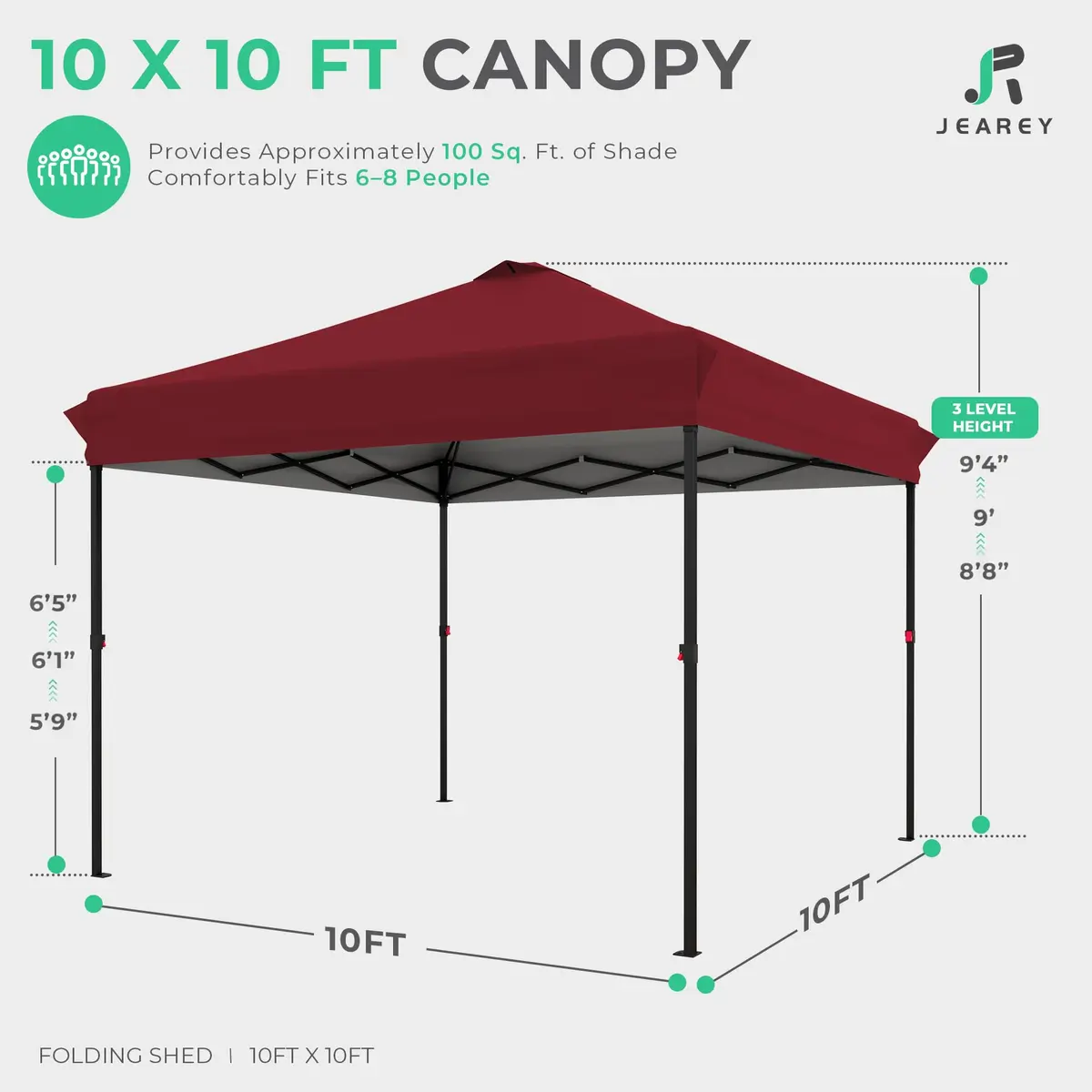 JEAREY 10x10 ft Pop Up Canopy Tent | Instant Setup, UPF 50+ UV Protection, Heavy-Duty Steel Frame, Portable Wheeled Bag - view 2