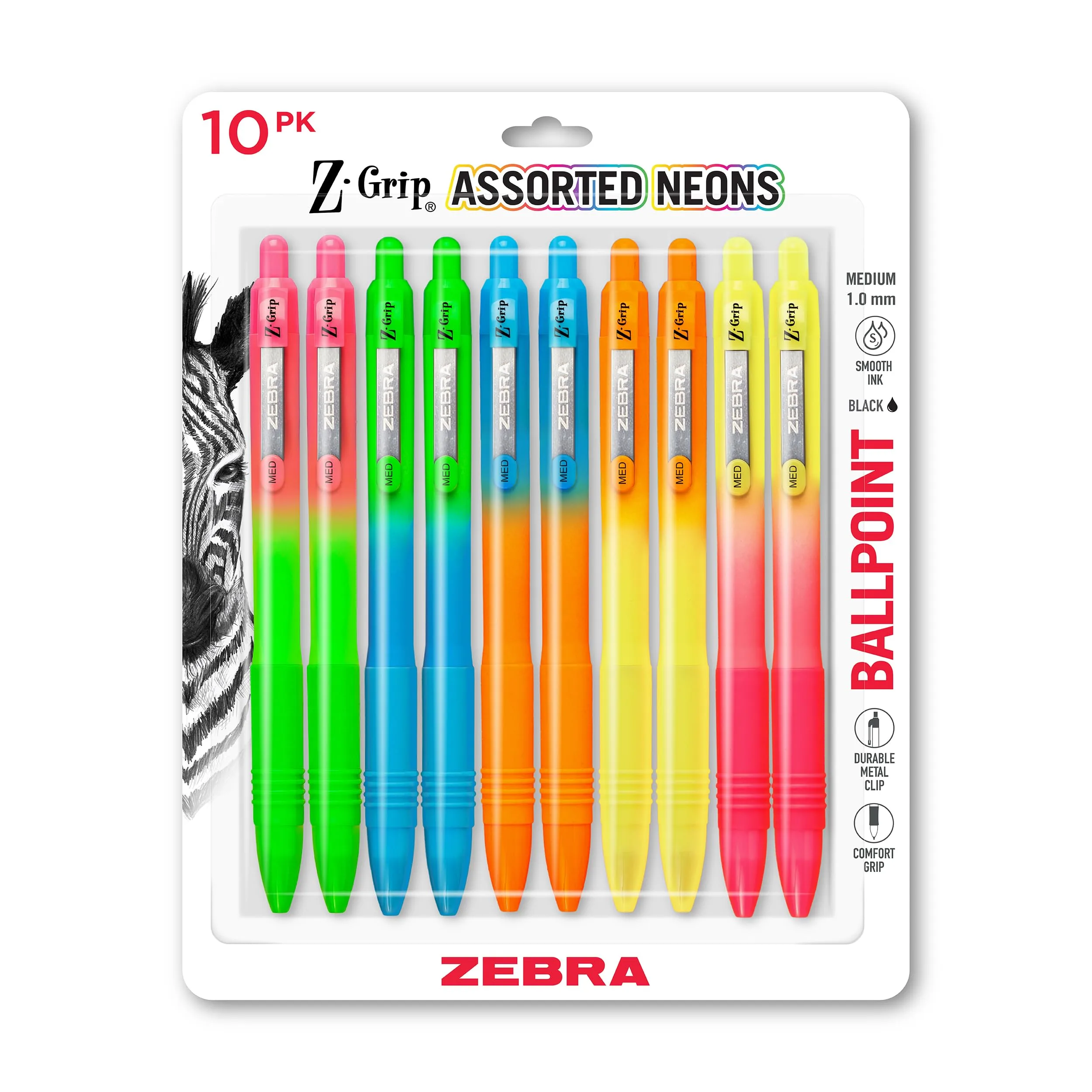Zebra Pen Z-Grip Retractable Ballpoint Pens, Smooth-Flowing Black Ink, 1.0mm Medium Point, Assorted Ombre Neon Barrels, 10-Pack - main product image