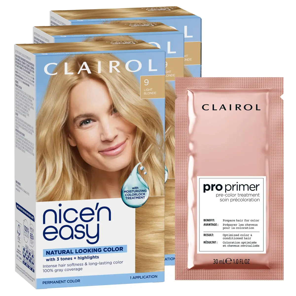Clairol Nice'n Easy Permanent Hair Dye 9 Light Blonde with Pro Primer Sachet - 7.26 Fl Oz (Pack of 1) - main product image