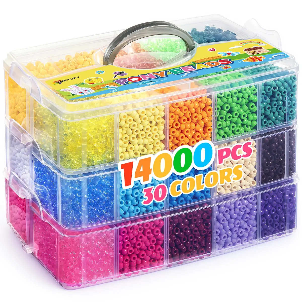 Simetufy Pony Beads Bulk 14000 Pcs, 30 Colors | 6x9mm Plastic Beads for Jewelry & Crafts - main product image