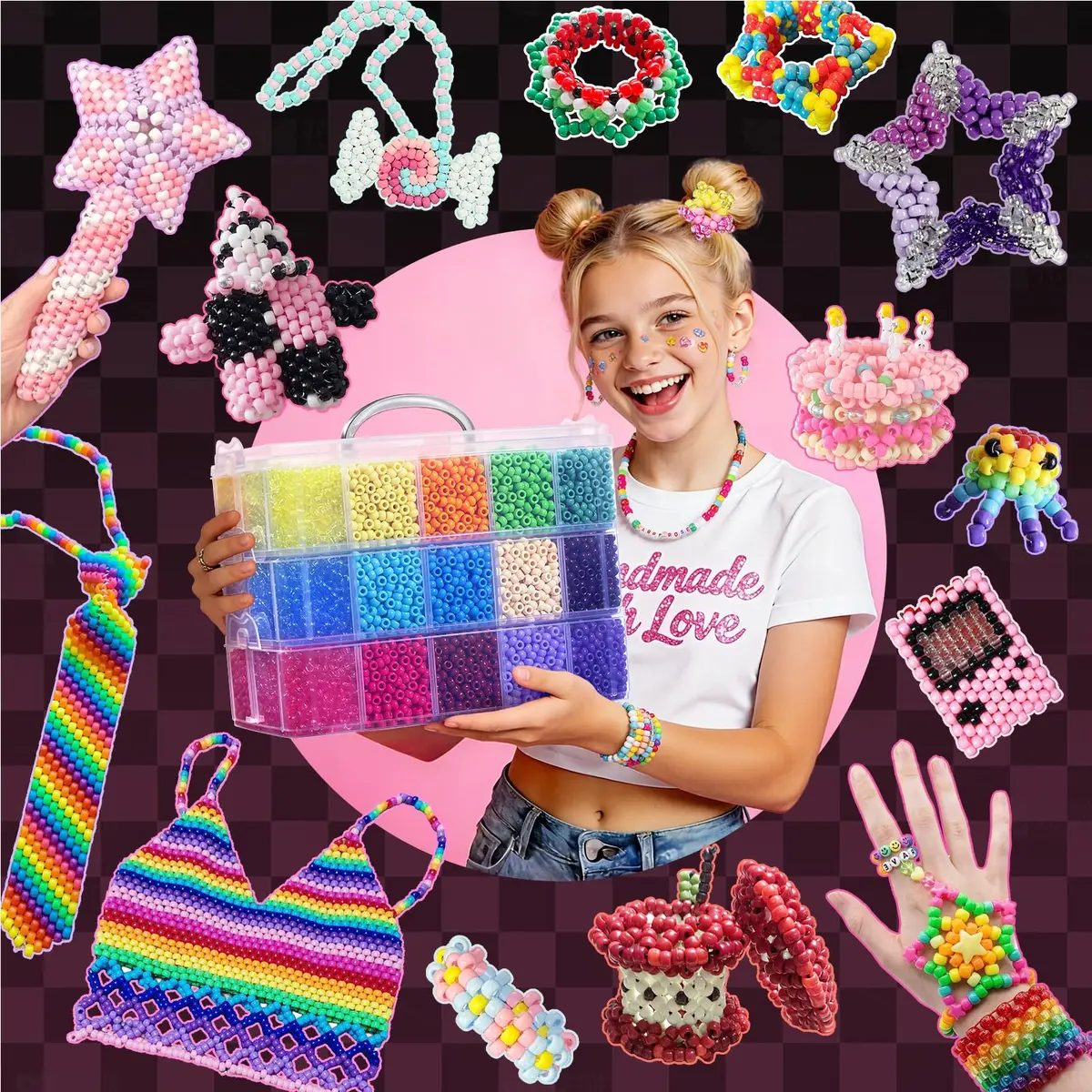 Simetufy Pony Beads Bulk 14000 Pcs, 30 Colors | 6x9mm Plastic Beads for Jewelry & Crafts - view 3