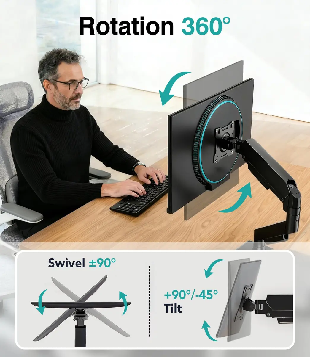 AX WABER Single Monitor Arm for 17-32 inch Screens | Gas Spring Adjustable VESA Mount with Clamp & Grommet Base - view 4