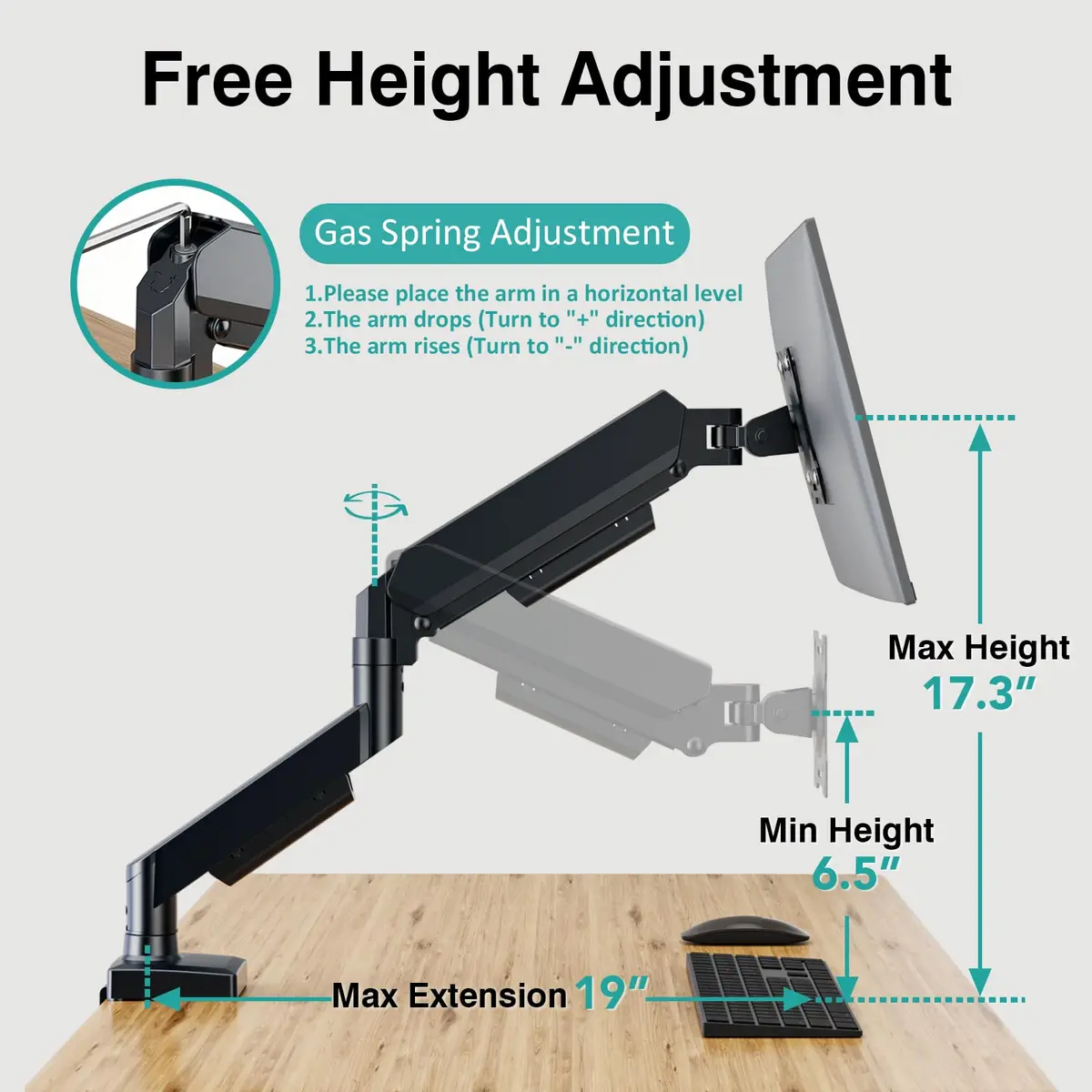 AX WABER Single Monitor Arm for 17-32 inch Screens | Gas Spring Adjustable VESA Mount with Clamp & Grommet Base - view 6