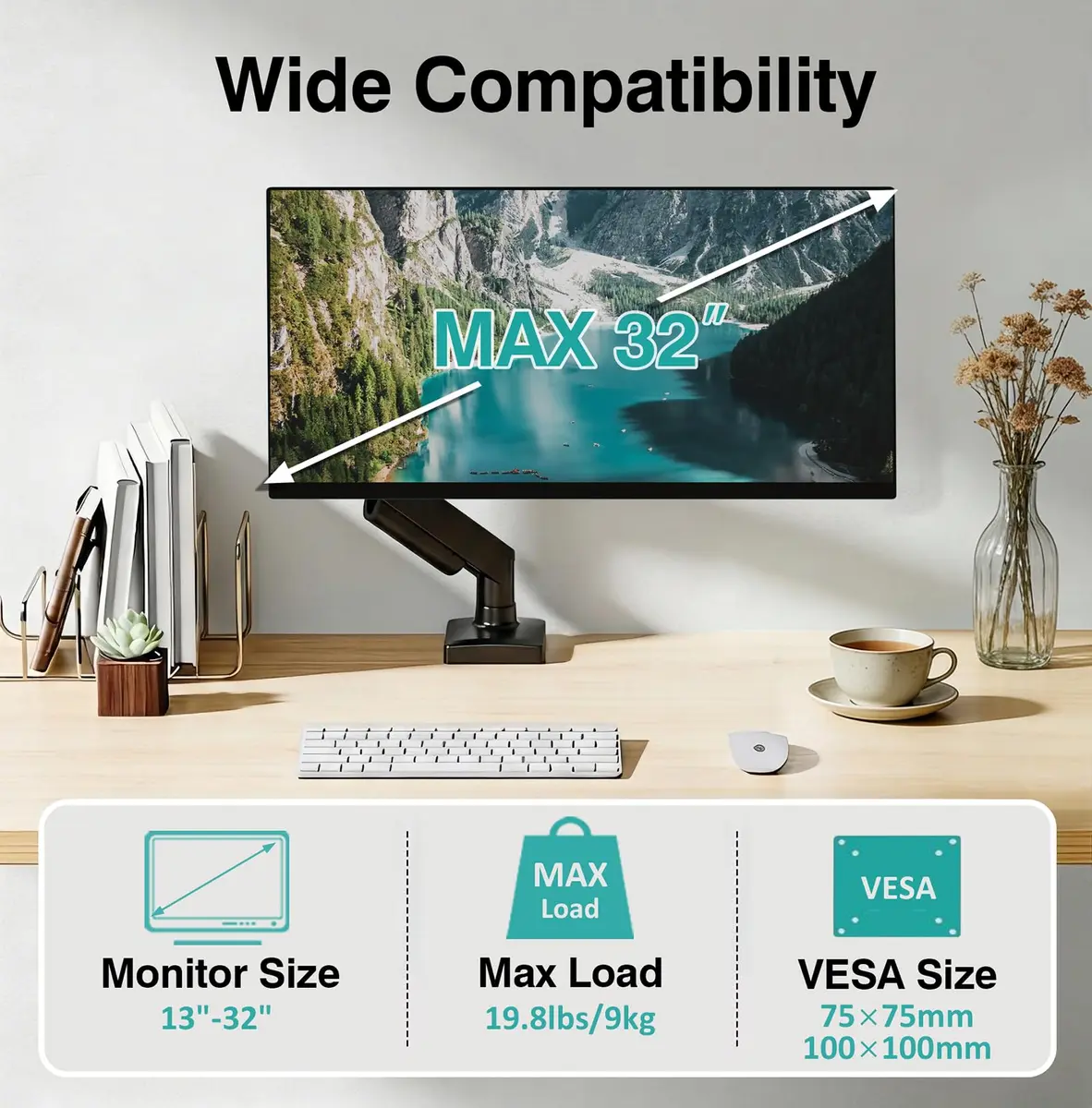 AX WABER Single Monitor Arm for 17-32 inch Screens | Gas Spring Adjustable VESA Mount with Clamp & Grommet Base - view 2