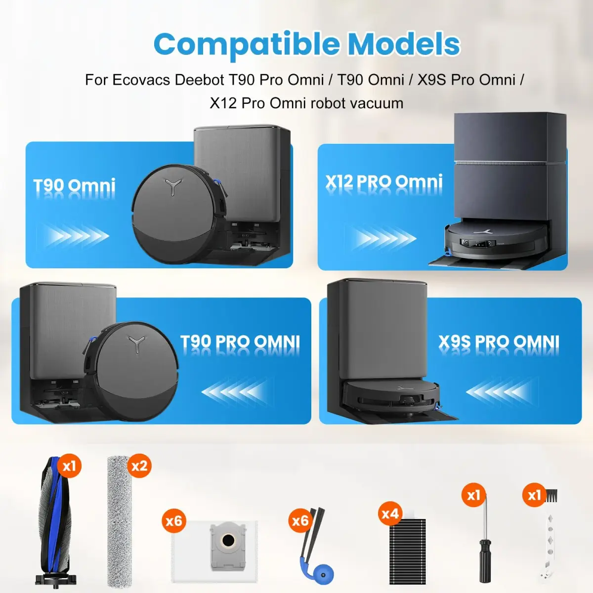 KTNAid 21 Pcs Accessories Kit for ECOVACS DEEBOT T90 PRO Omni Robot Vacuum | Main Brush, HEPA Filters, Side Brushes, Dust Bags, Roller Mops, Cleaning Tool & Screwdriver - view 2