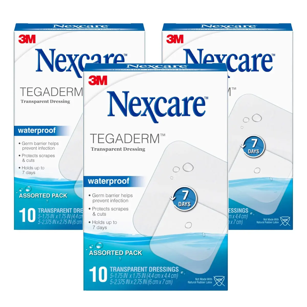 Nexcare Tegaderm Transparent Dressing, Clear Film | Waterproof, Breathable, 7-Day Wear, 10 Dressings, 3-Pack - main product image