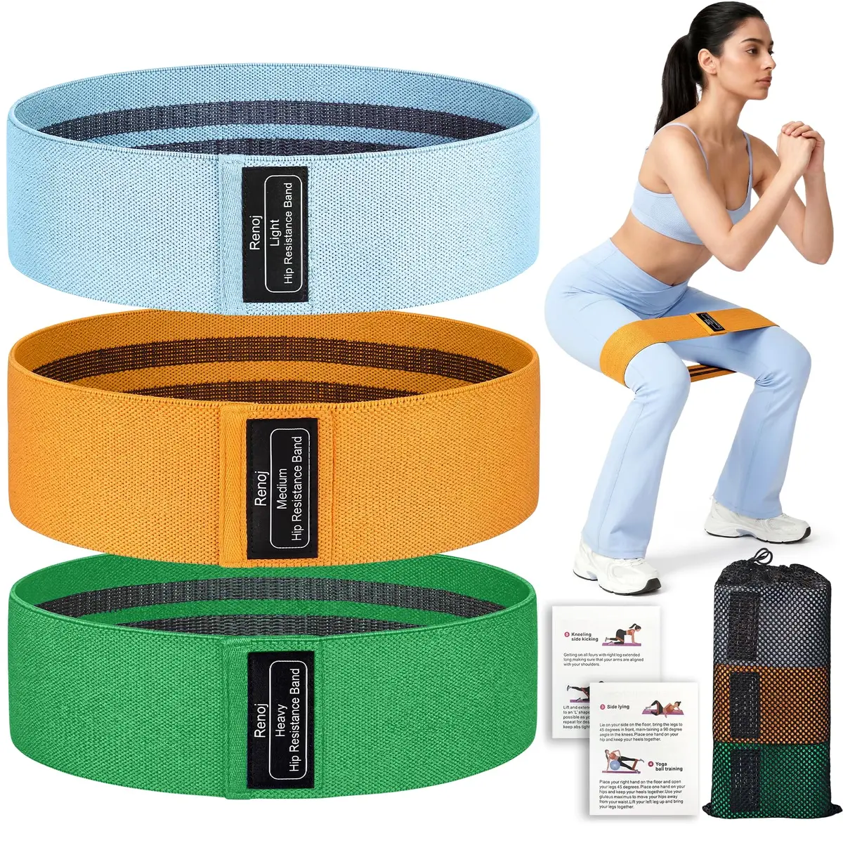 Renoj Resistance Bands for Working Out | 3-Set Professional Exercise Bands for Pilates, Yoga, Home Gym, Booty, Leg Training | Heavy/Medium/Light Fabric Loops for Women and Men - main product image
