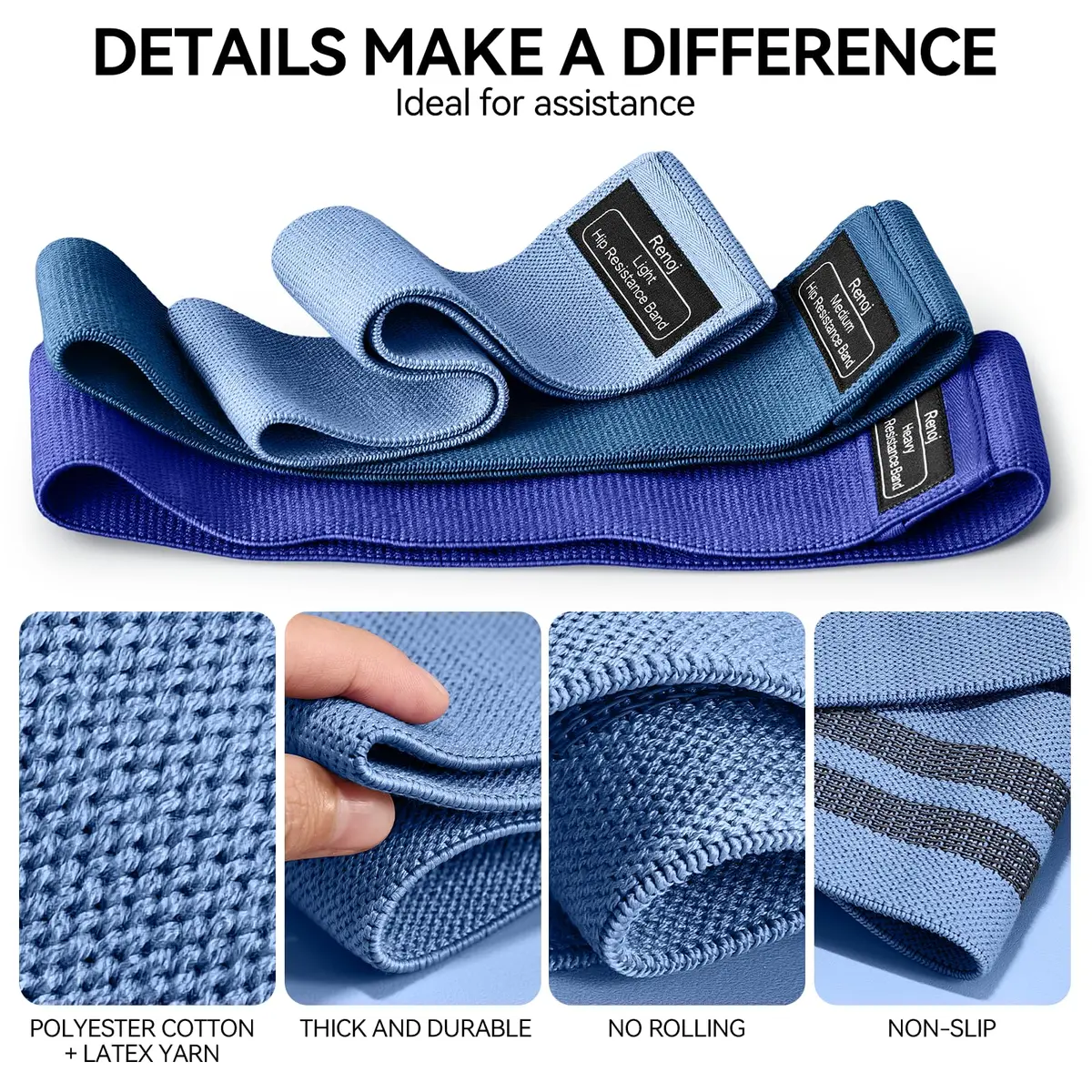 Renoj Resistance Bands for Working Out: 3-Set Exercise Bands for Pilates, Yoga, Home Gym, Booty, Leg Training | Heavy/Medium/Light Fabric Loops for Women Men - view 4