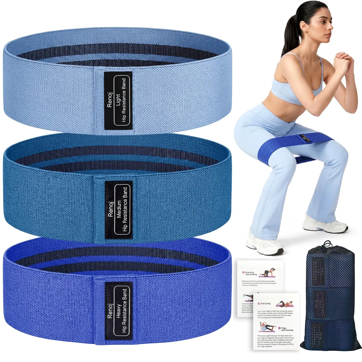 Renoj Resistance Bands for Working Out: 3-Set Exercise Bands for Pilates, Yoga, Home Gym, Booty, Leg Training | Heavy/Medium/Light Fabric Loops for Women Men - main product image