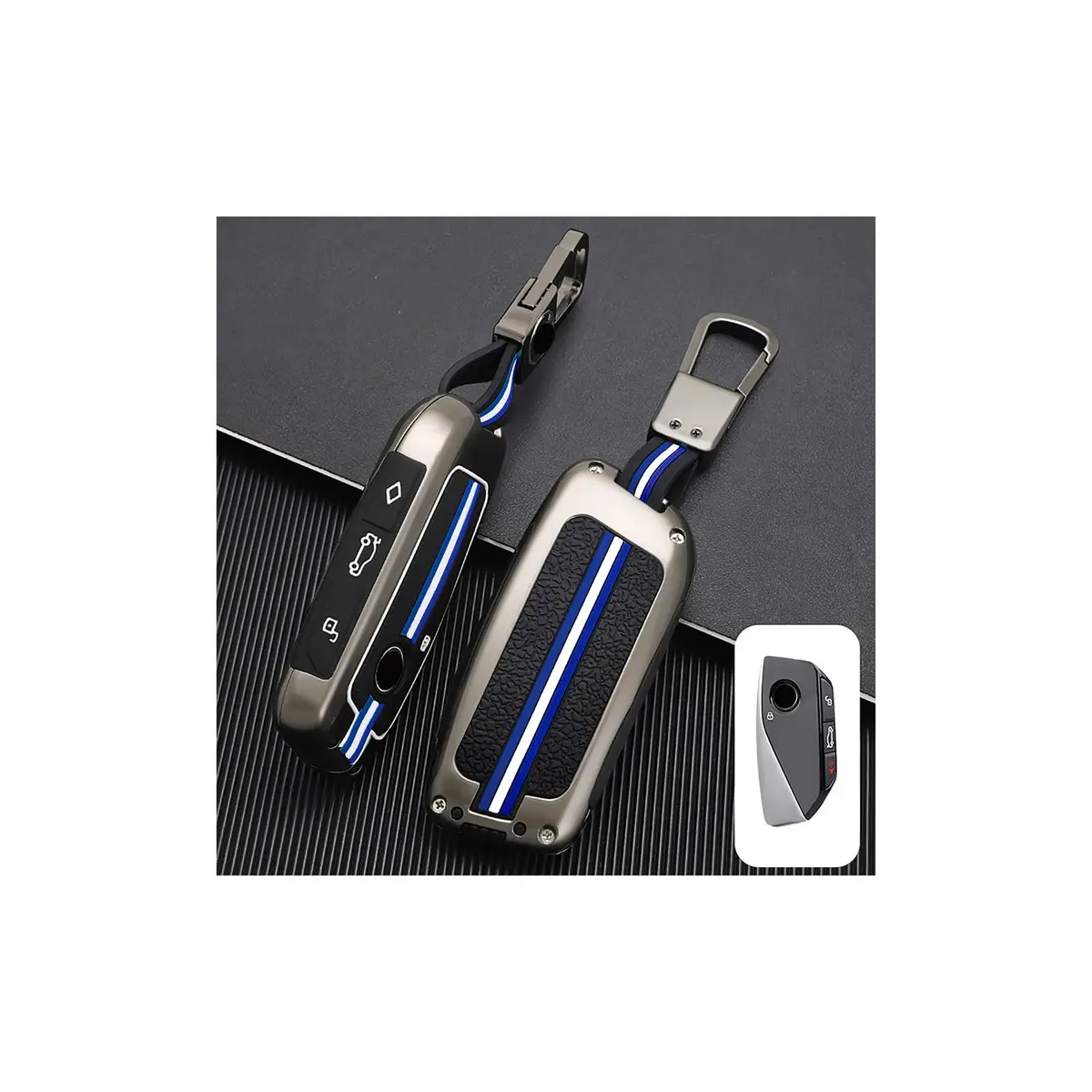 OLLEN Heavy Zinc Alloy Key Fob Cover for BMW 2023-2026 5/7 Series X1-X7 XM IX I5 etc. Gunmetal Blue Line (1 Pcs) - main product image