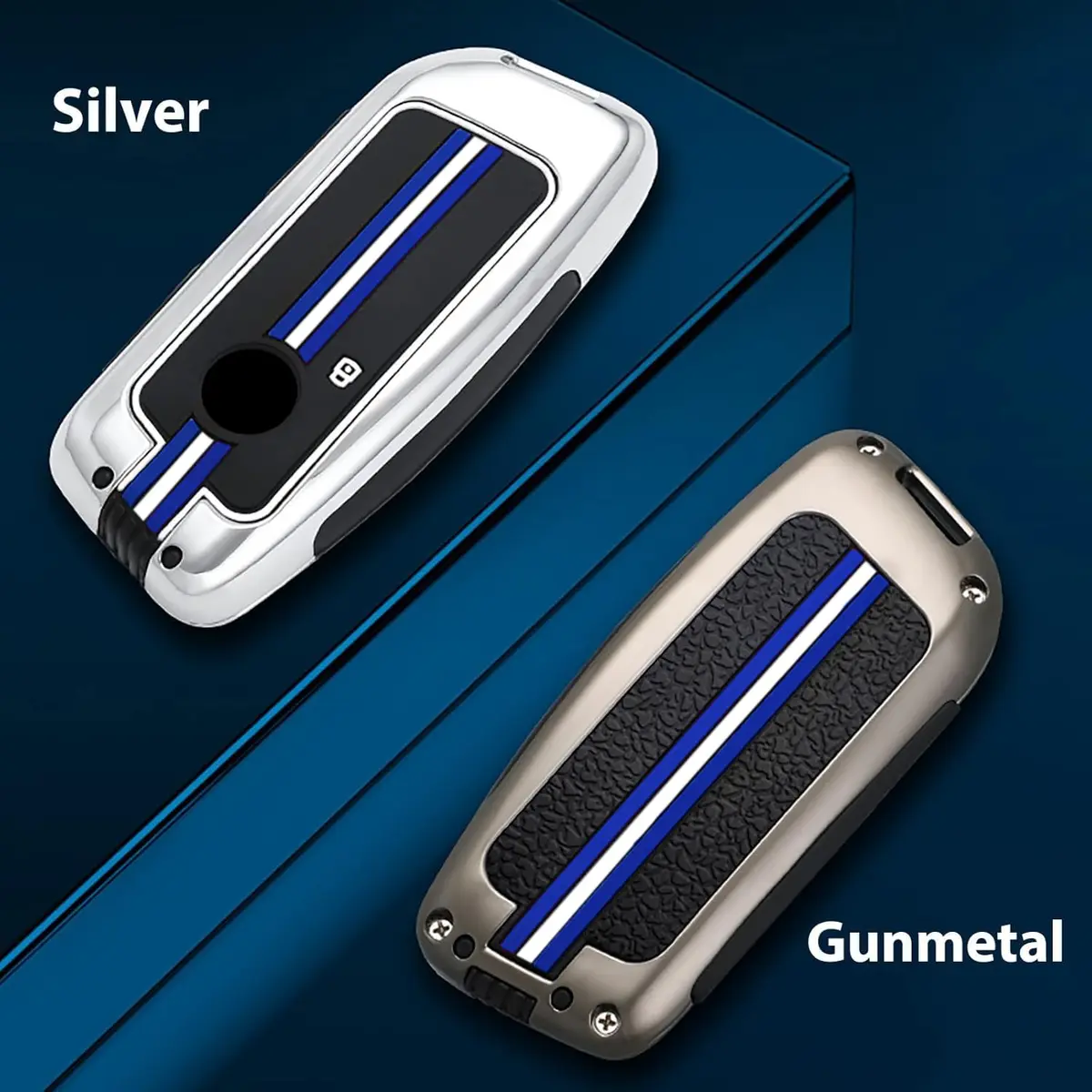 OLLEN Heavy Zinc Alloy Key Fob Cover for BMW 2023-2026 5/7 Series X1-X7 XM IX I5 etc. Gunmetal Blue Line (1 Pcs) - view 7