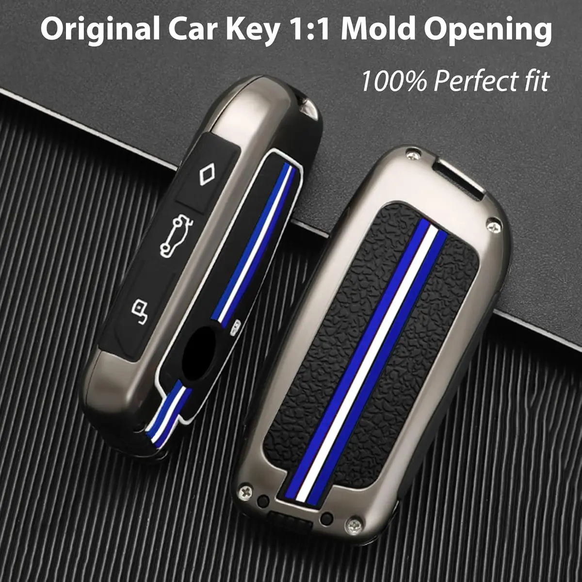OLLEN Heavy Zinc Alloy Key Fob Cover for BMW 2023-2026 5/7 Series X1-X7 XM IX I5 etc. Gunmetal Blue Line (1 Pcs) - view 3