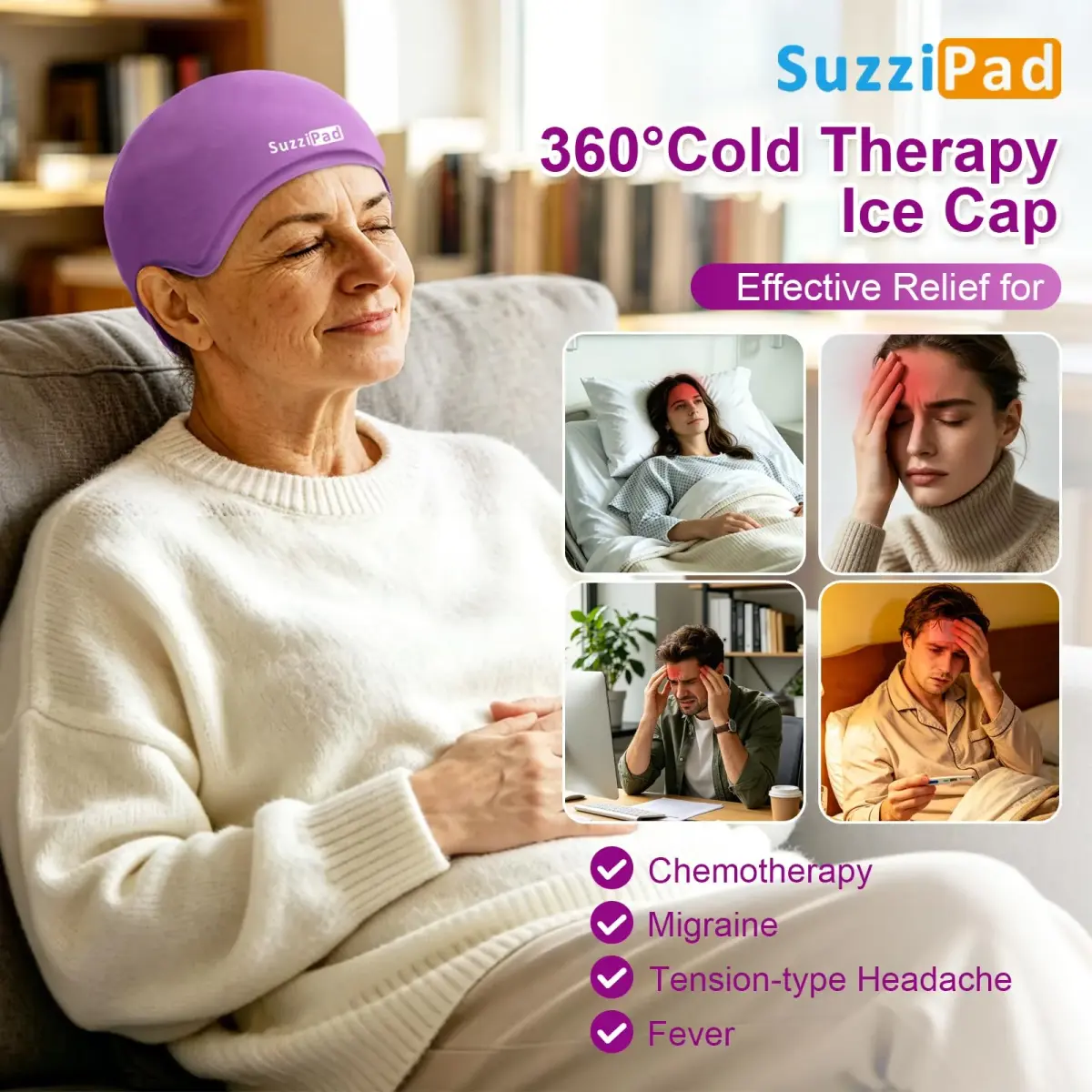 SUZZIPAD Chemo Cooling Cap Deep Purple | Scalp Cooling for Chemotherapy & Migraine Relief - view 3