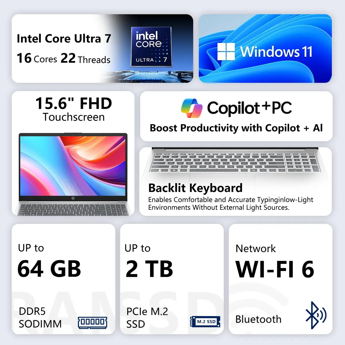 HP 15.6 Touchscreen Ultra 7 155H 2026 Edition AI Laptop,16GB DDR5 512GB SSD | 15.6 inch FHD Touch, Intel Core Ultra 7, Windows 11 - view 2