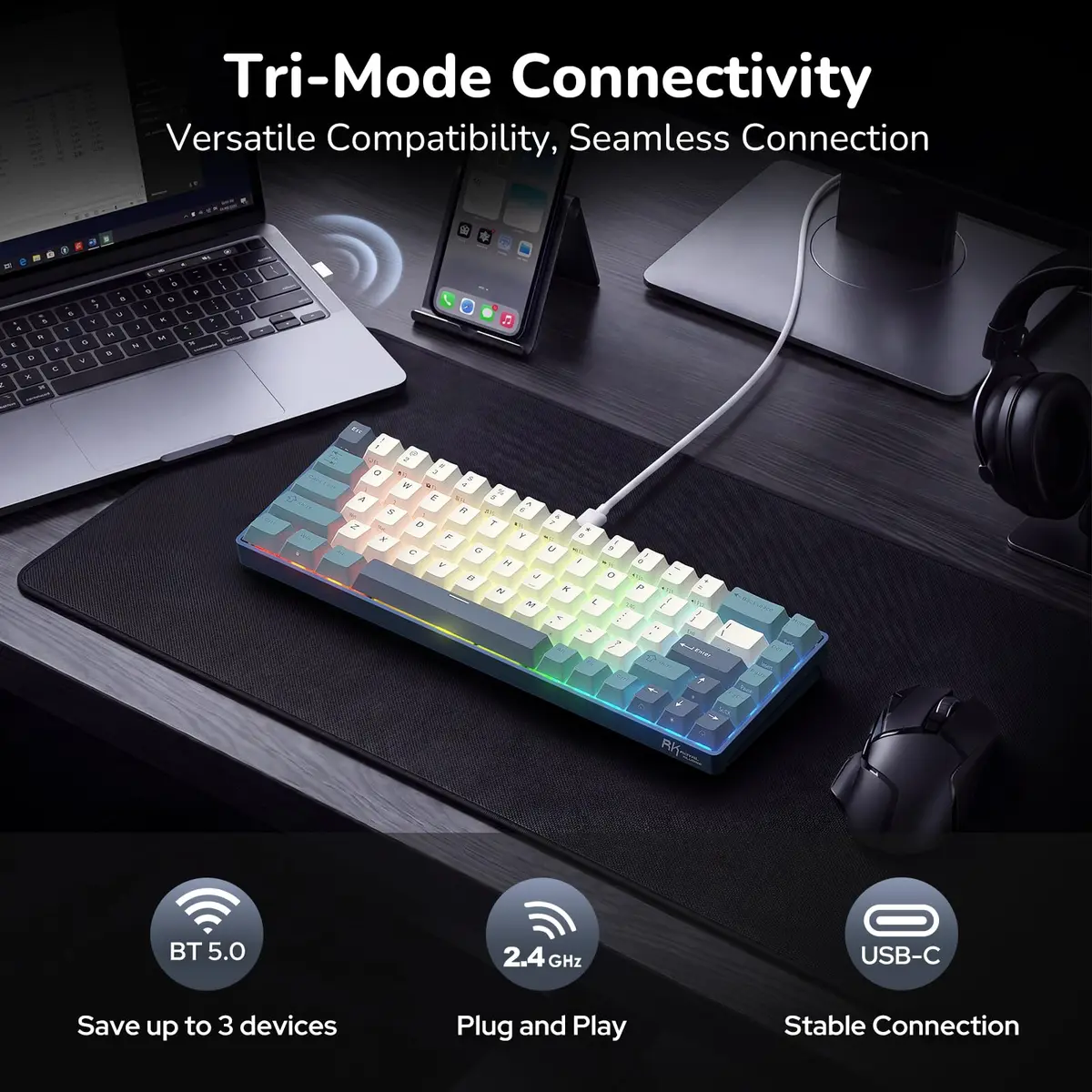 RK ROYAL KLUDGE RK68 65% RGB Wireless Mechanical Keyboard for Gaming, Work | Compact, Tri-Mode Connectivity & Customizable Switches - view 3