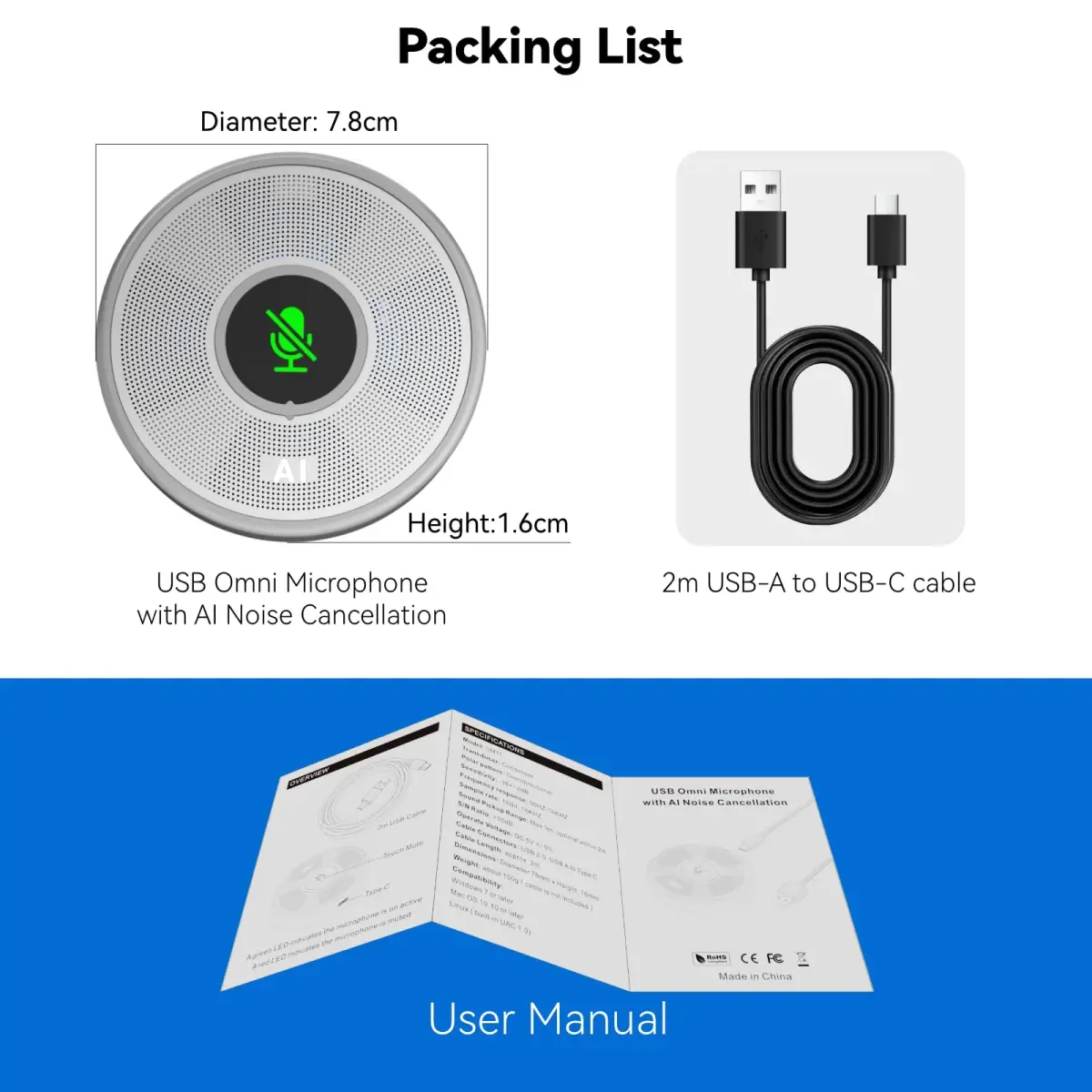 ANSTEN USB Microphone No Speaker, Laptop Computer Microphone Conference Mic | Crystal-Clear 360° Voice Pickup - view 7