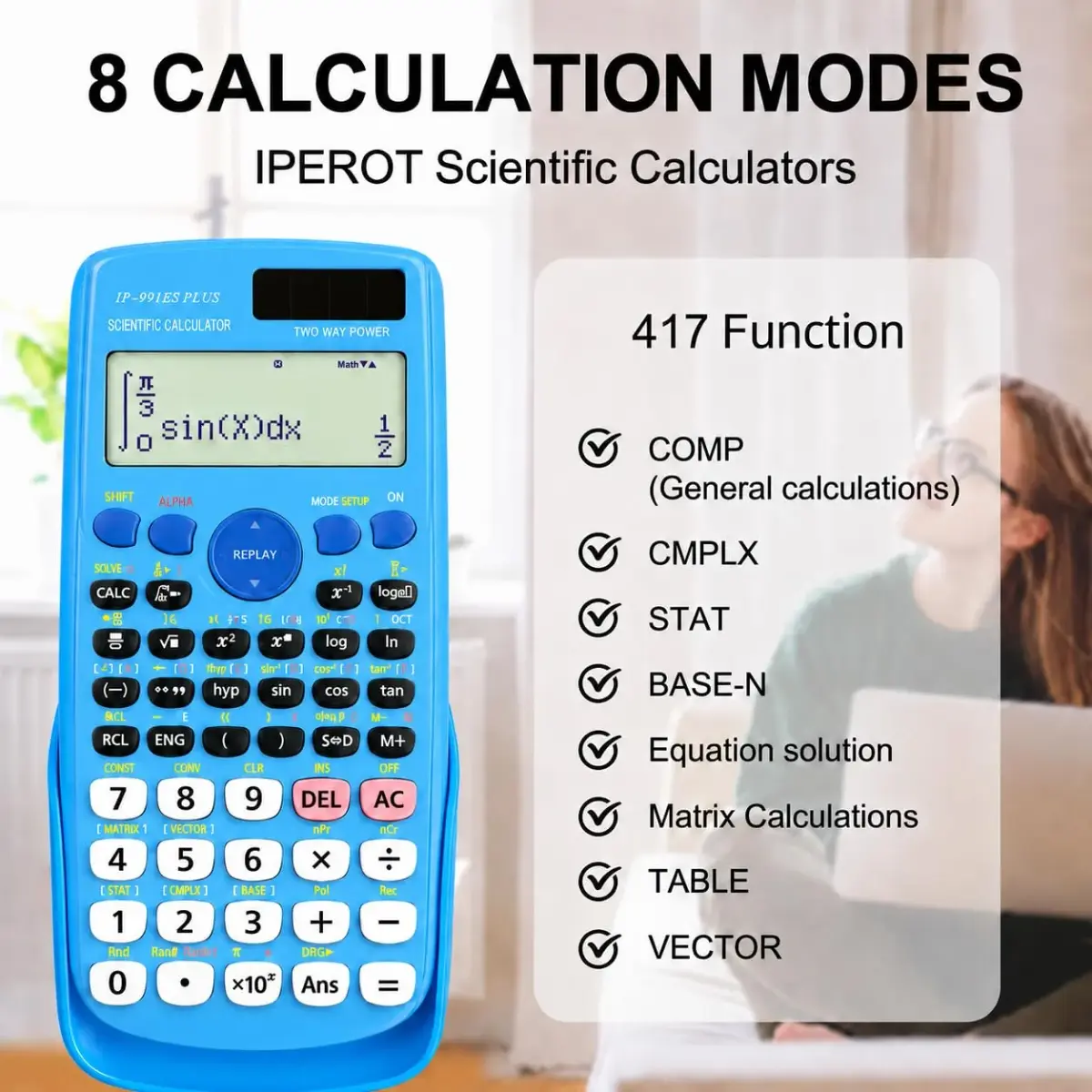 IPEROT Scientific Calculator Blue 15.2cm (6 inches) | 417 Functions, Dual Power, Hard Case - view 6