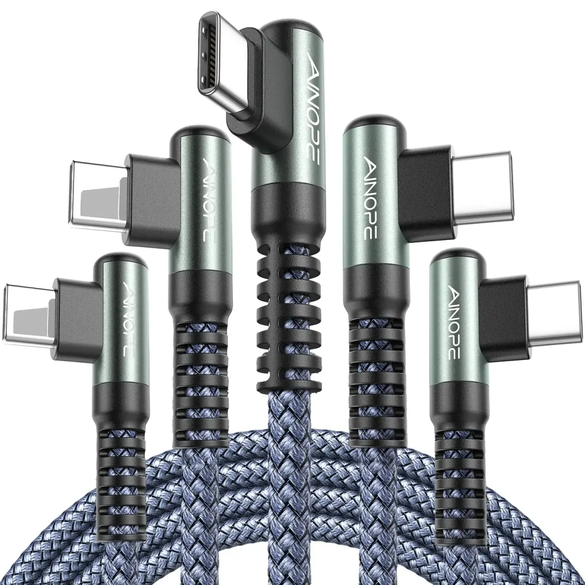 AINOPE Grey USB C to USB C Cable 5-Pack: 3.3ft, 6.6ft, 10ft | 60W Fast Charging & Data - main product image