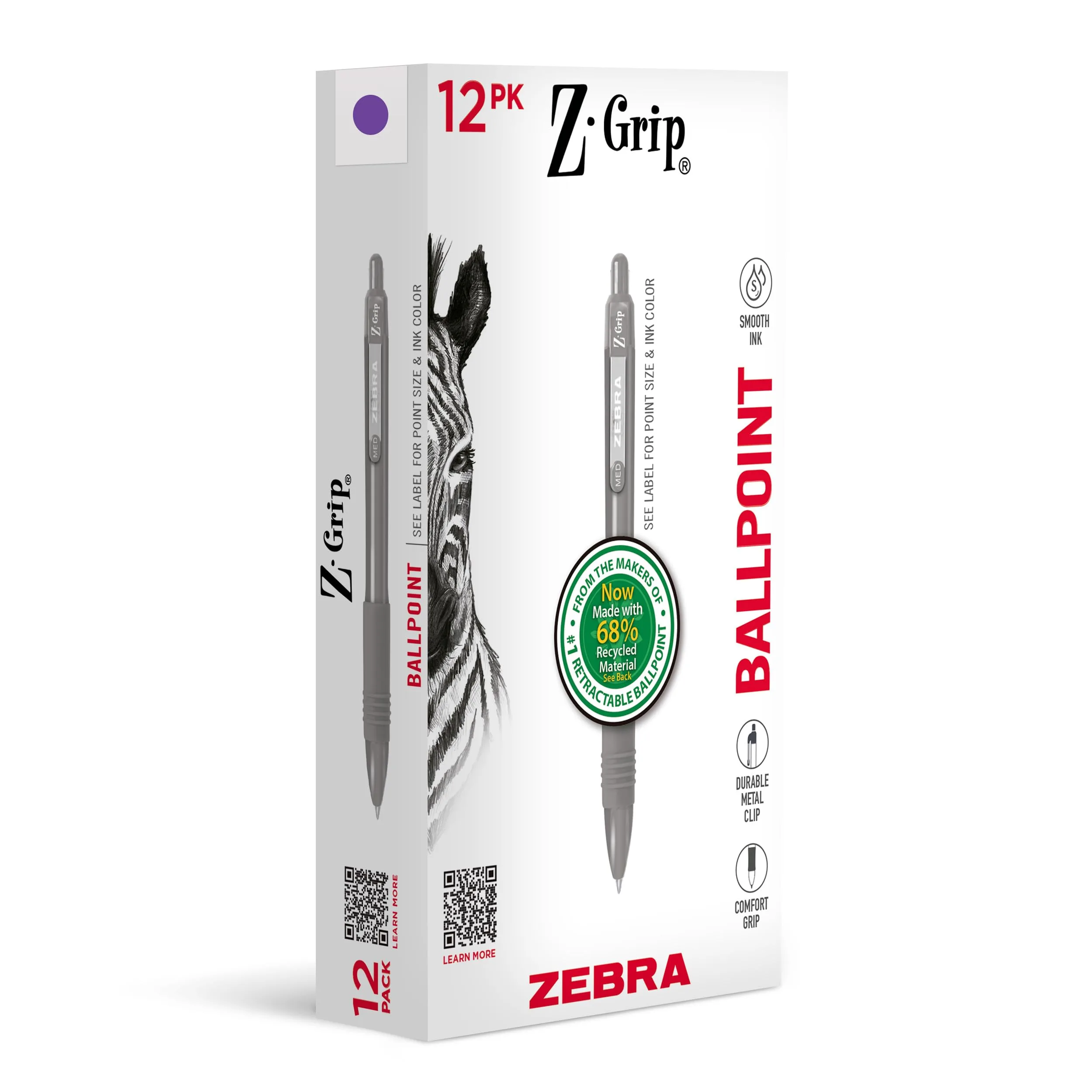 Zebra Pen Z-Grip Recycled Retractable Ballpoint Pens, Purple Ink, 1.0mm Medium Point, 12-Pack | Eco-Friendly Writing for Office & School - main product image