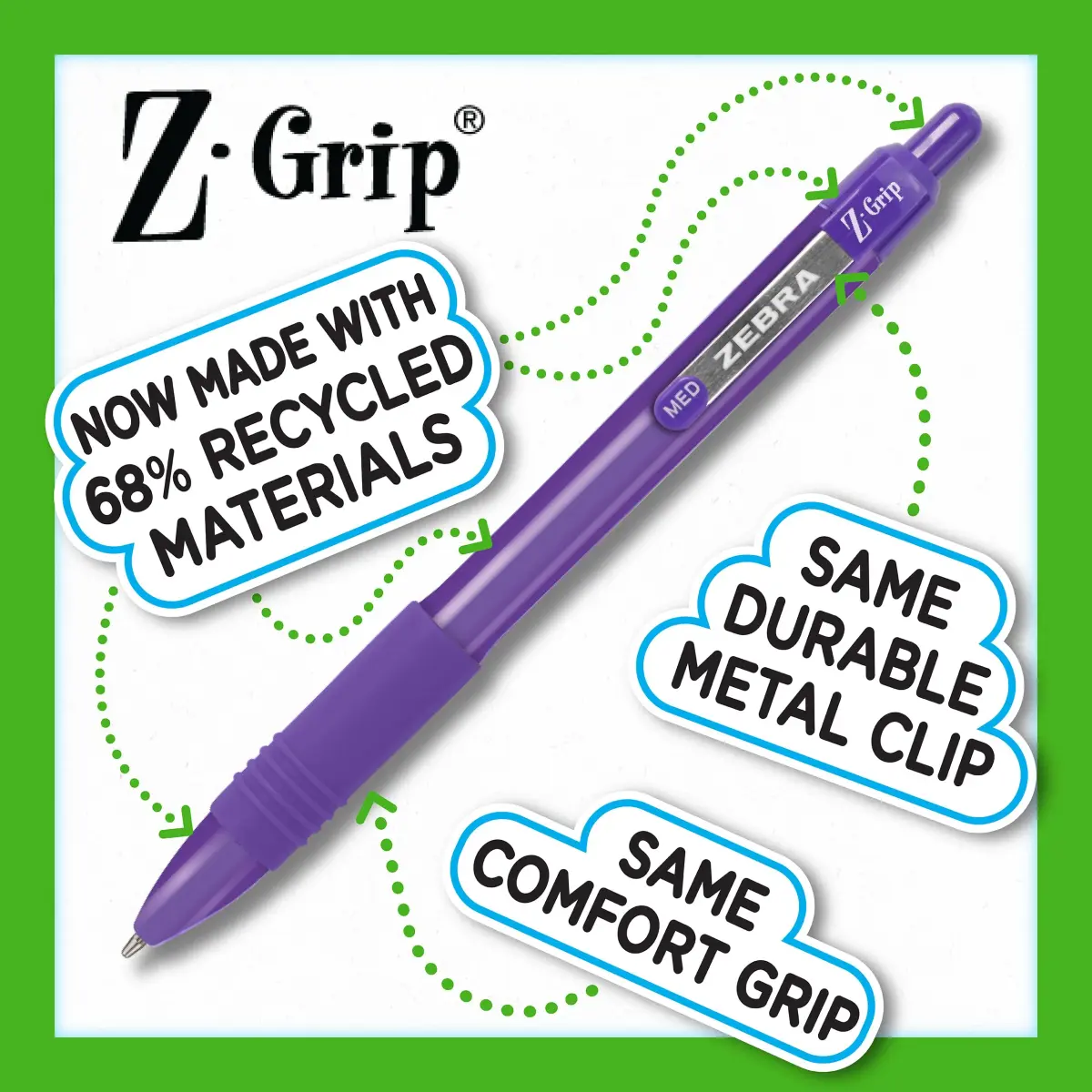 Zebra Pen Z-Grip Recycled Ballpoint Pen, Purple Ink, 1.0mm, 12-Pack | GRS Certified Recycled Material - view 4