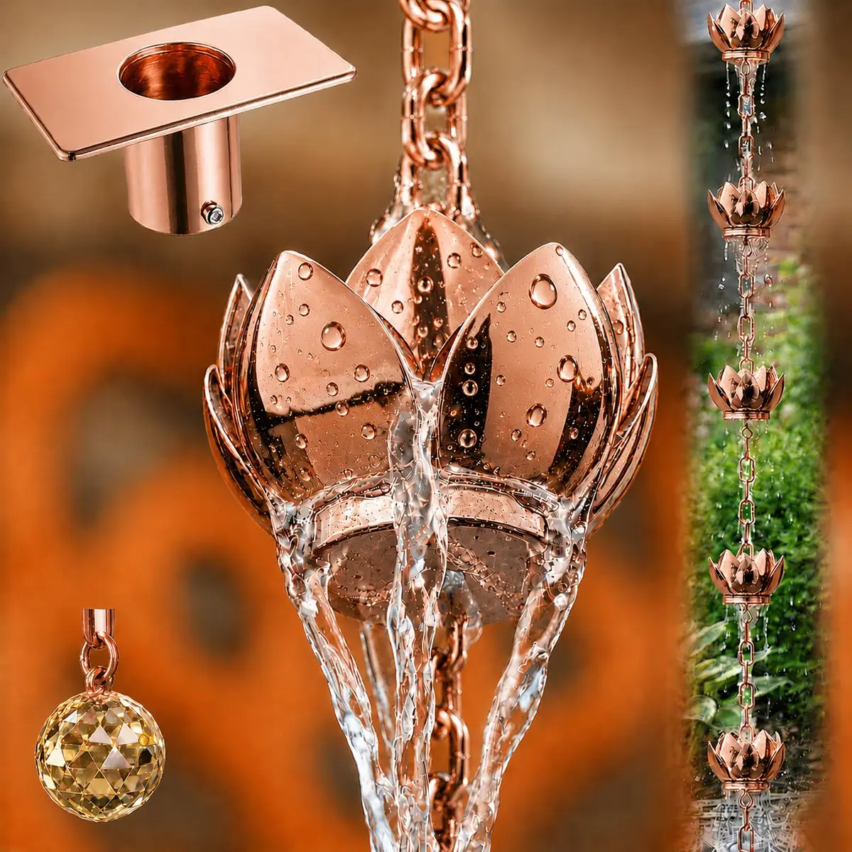 Wellrain Rose Gold Lotus Rain Chain 2.59 m (8.5 FT) | Decorative Outdoor Water Feature with 12 Flower Cups - main product image