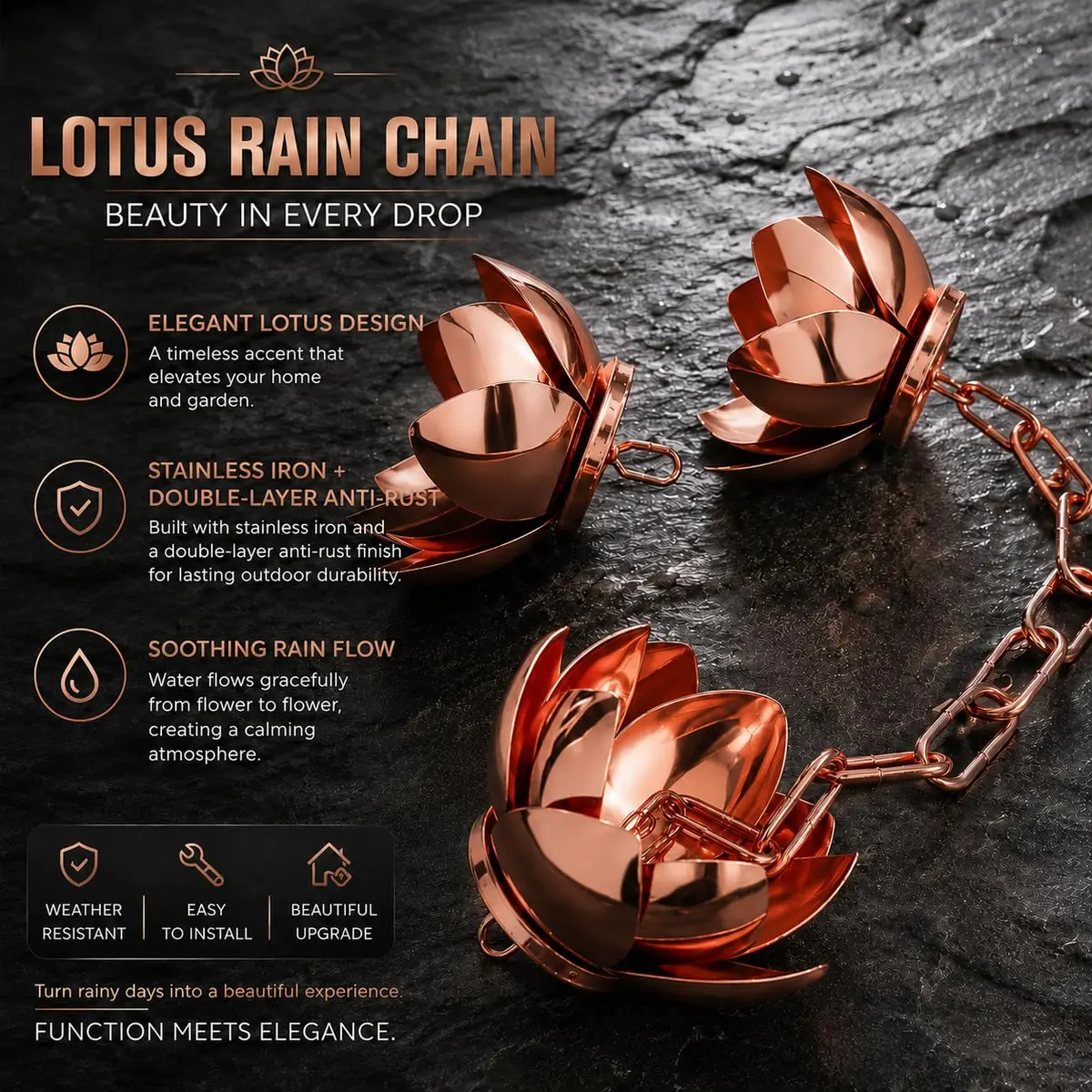 Wellrain Rose Gold Lotus Rain Chain 2.59 m (8.5 FT) | Decorative Outdoor Water Feature with 12 Flower Cups - view 2