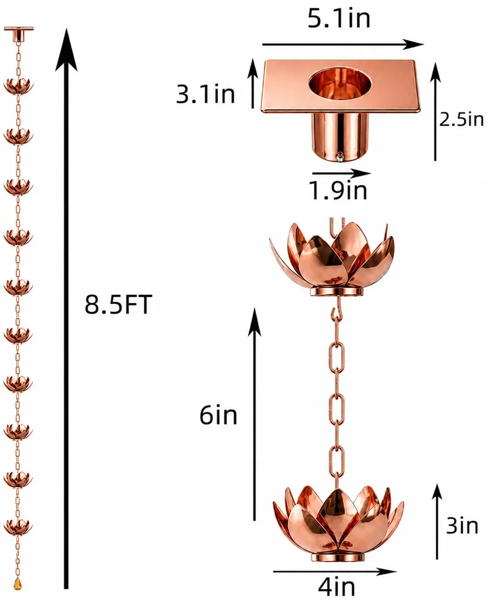 Wellrain Rose Gold Lotus Rain Chain 2.59 m (8.5 FT) | Decorative Outdoor Water Feature with 12 Flower Cups - view 3