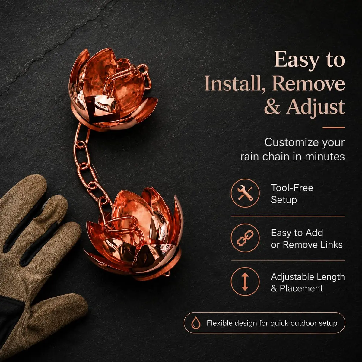 Wellrain Rose Gold Lotus Rain Chain 2.59 m (8.5 FT) | Decorative Outdoor Water Feature with 12 Flower Cups - view 4
