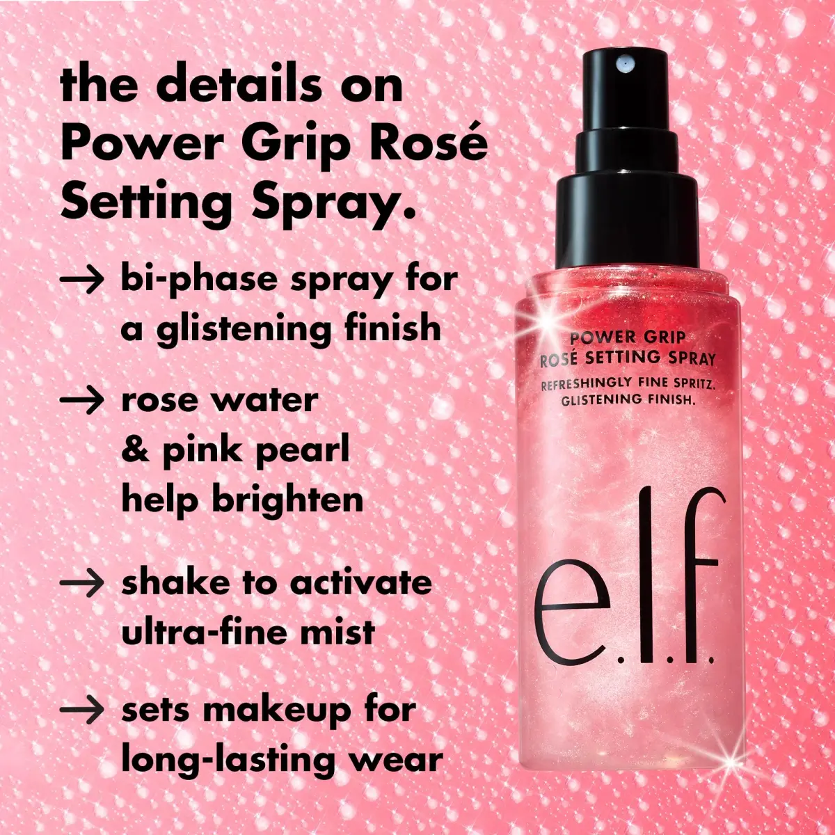 e.l.f. Power Grip Rosé Setting Spray 80ml (2.7 Fl Oz) | Sets Makeup with a Glistening, Rose-y Glow - view 2