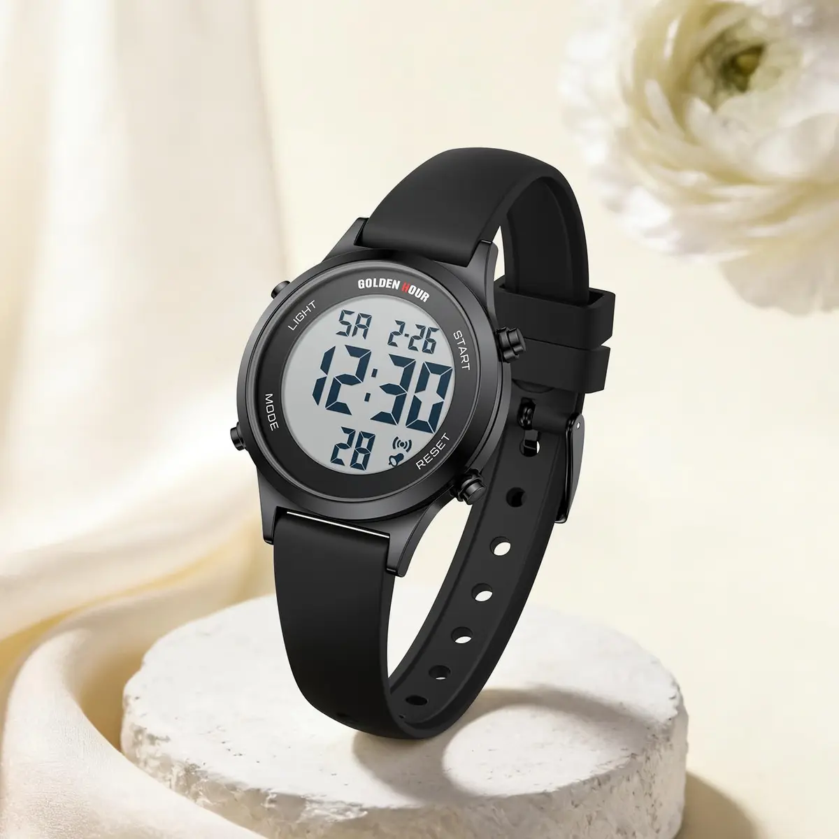 GOLDEN HOUR Women's Waterproof Digital Sports Watch 32mm Black Case in Black Band | 50M Water-Resistant, Alarm & Stopwatch - view 5