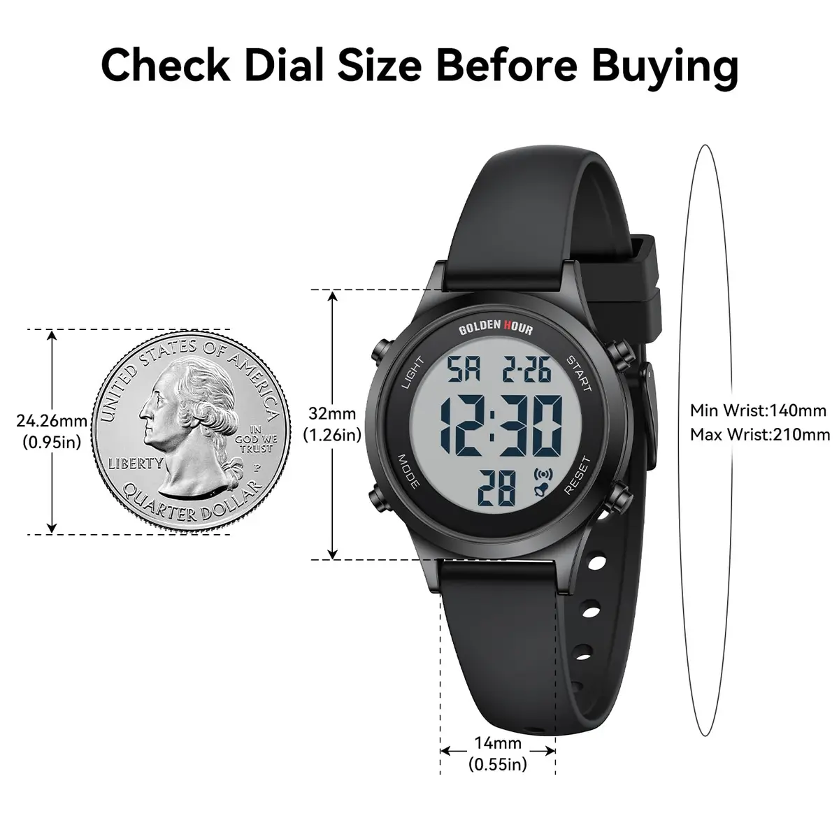 GOLDEN HOUR Women's Waterproof Digital Sports Watch 32mm Black Case in Black Band | 50M Water-Resistant, Alarm & Stopwatch - view 3