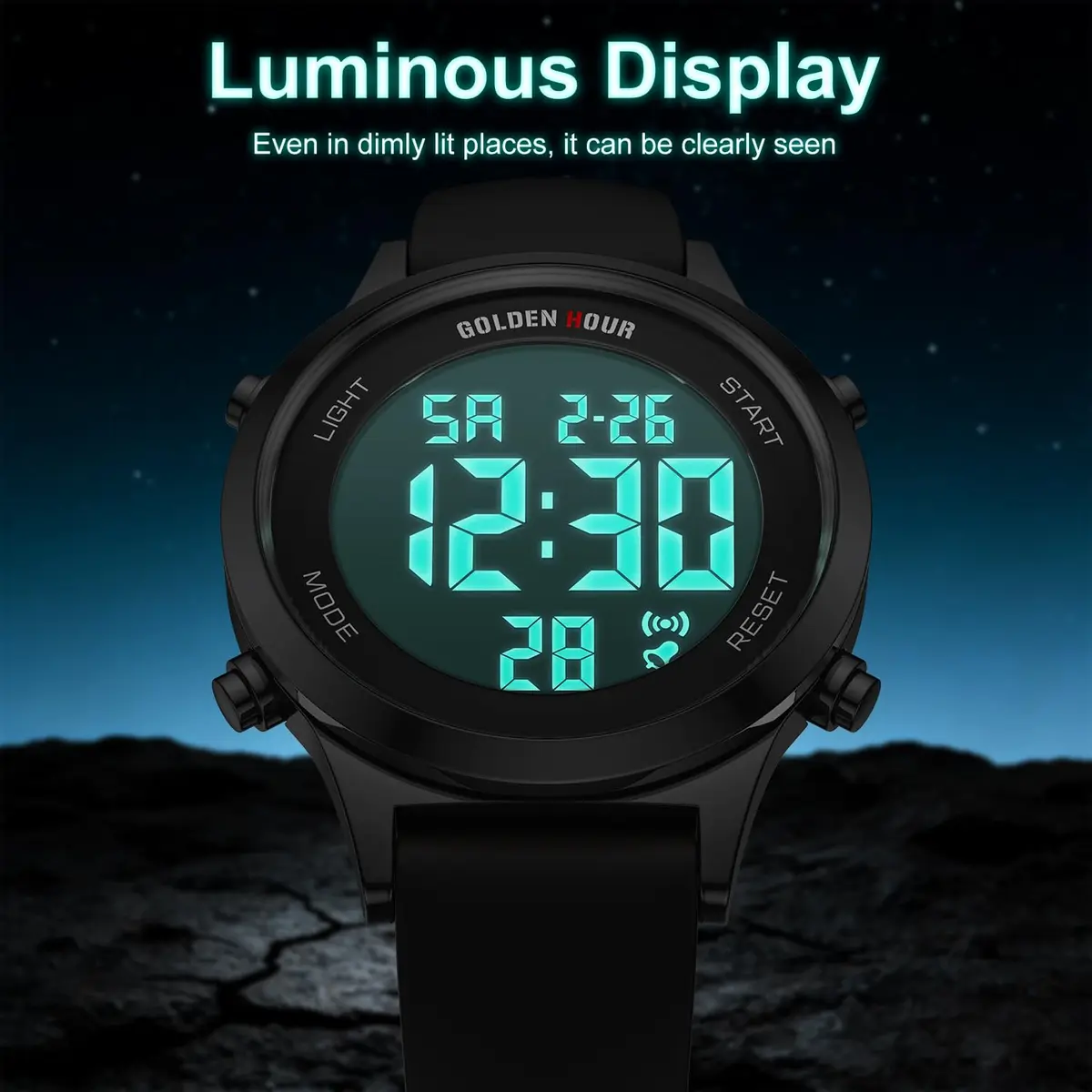 GOLDEN HOUR Women's Waterproof Digital Sports Watch 32mm Black Case in Black Band | 50M Water-Resistant, Alarm & Stopwatch - view 4