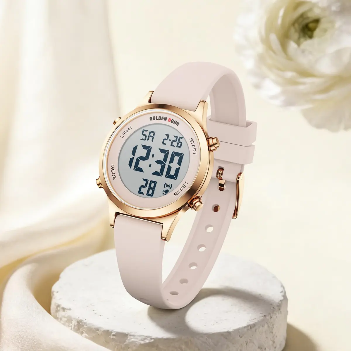 GOLDEN HOUR Women's Waterproof Digital Sports Watch 32mm Rose Gold Case in Sand Pink Strap - view 5