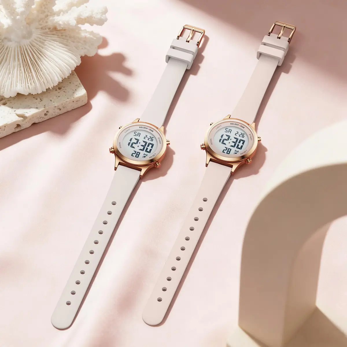 GOLDEN HOUR Women's Waterproof Digital Sports Watch 32mm Rose Gold Case in Sand Pink Strap - view 6