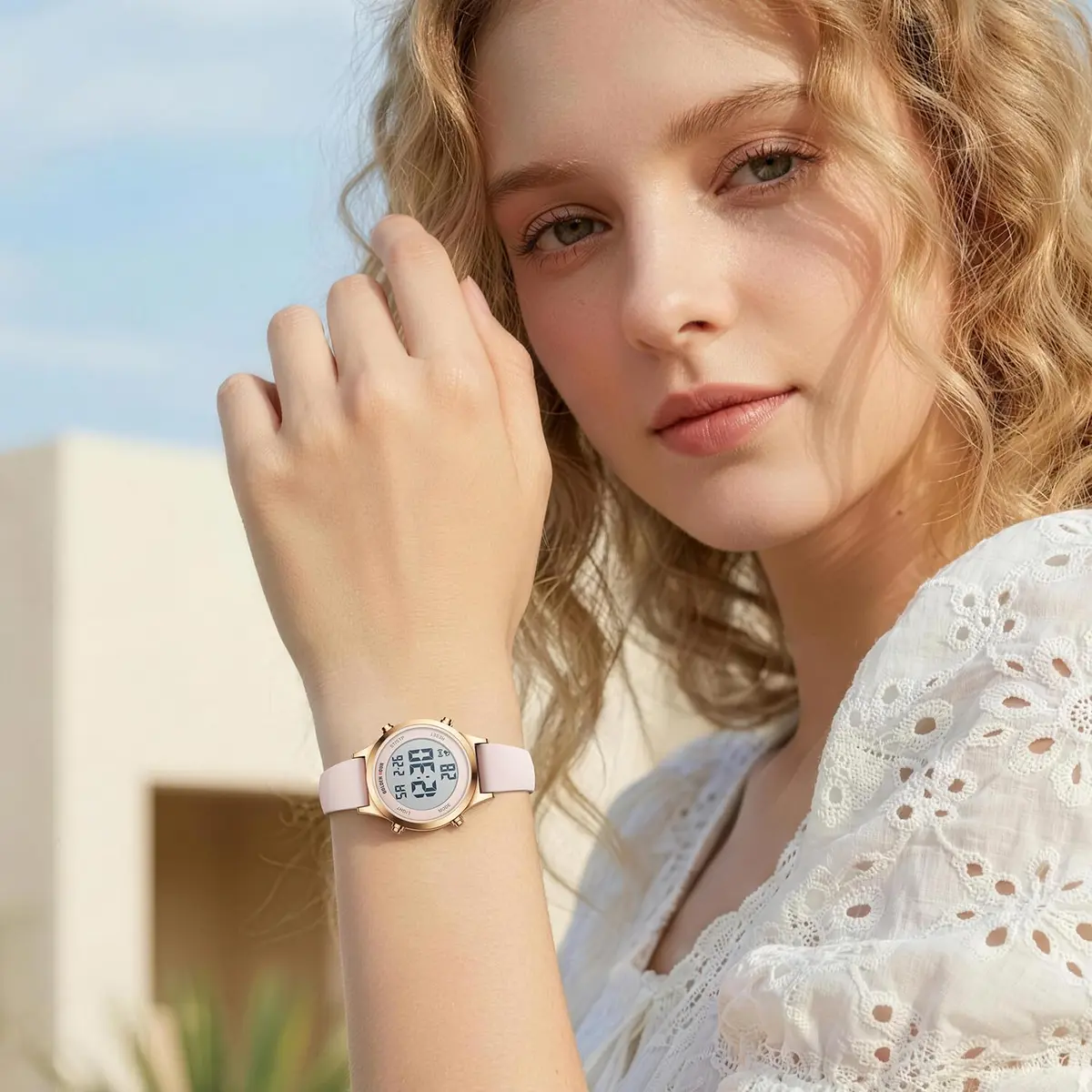 GOLDEN HOUR Women's Waterproof Digital Sports Watch 32mm Rose Gold Case in Sand Pink Strap - view 7