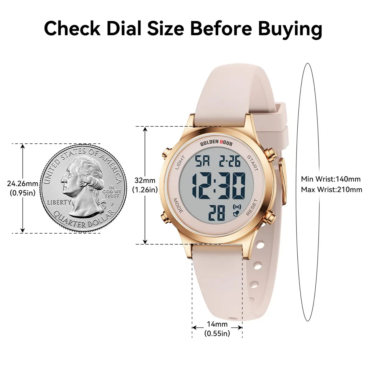 GOLDEN HOUR Women's Waterproof Digital Sports Watch 32mm Rose Gold Case in Sand Pink Strap - view 3