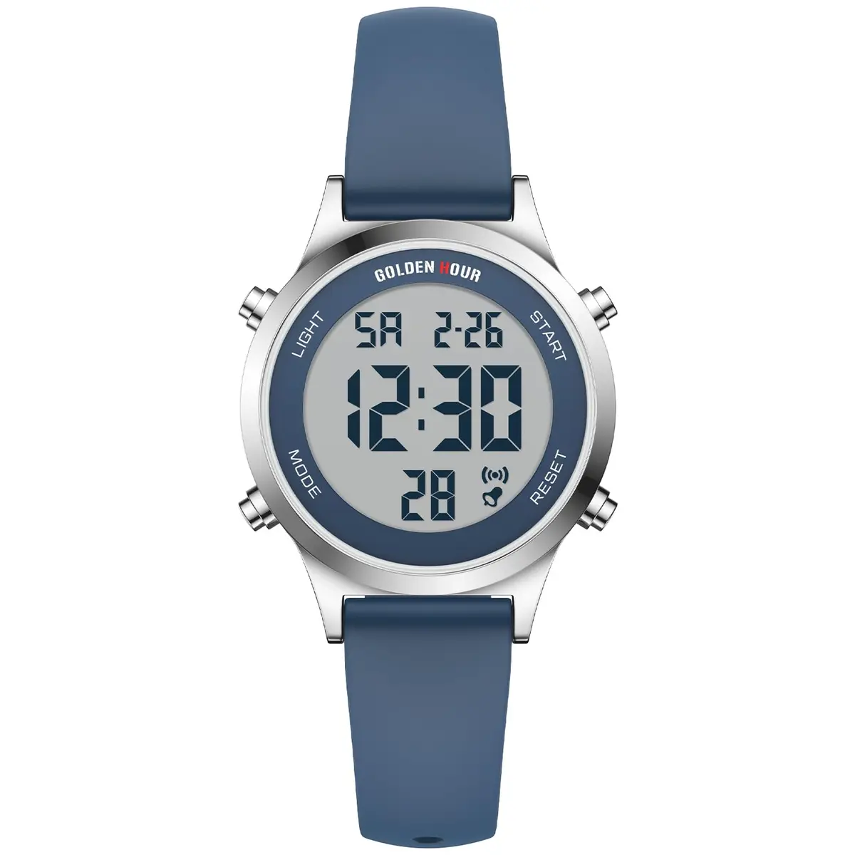 GOLDEN HOUR Women's Waterproof Digital Sports Watch 32mm Silver Case in Blue Strap | 50M Water-Resistant, Alarm & Stopwatch - main product image