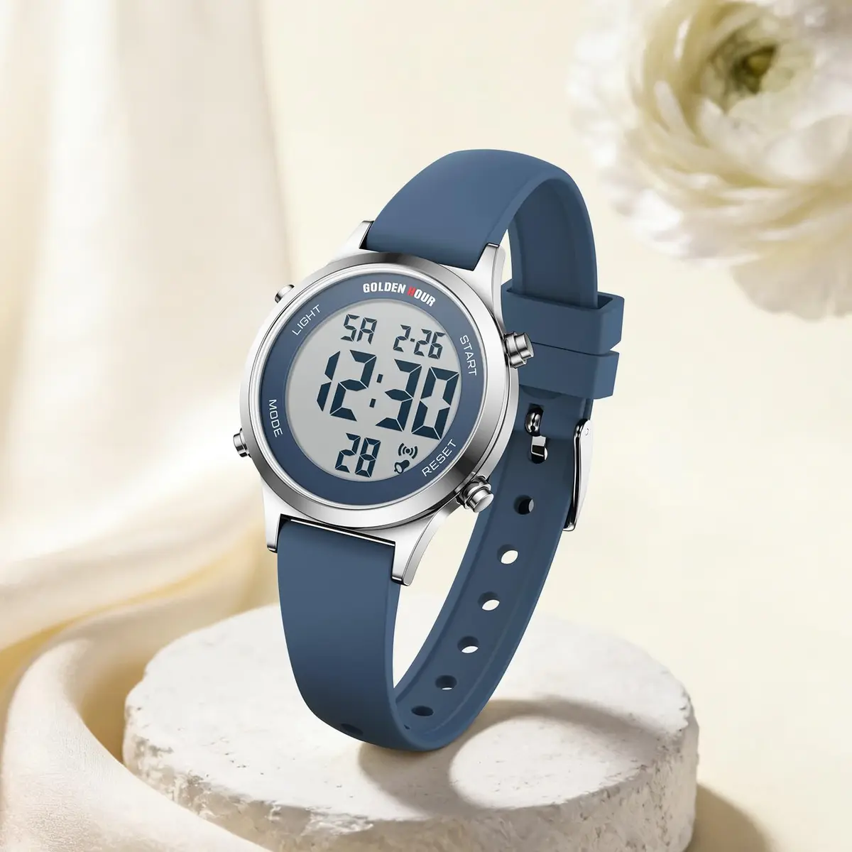 GOLDEN HOUR Women's Waterproof Digital Sports Watch 32mm Silver Case in Blue Strap | 50M Water-Resistant, Alarm & Stopwatch - view 5