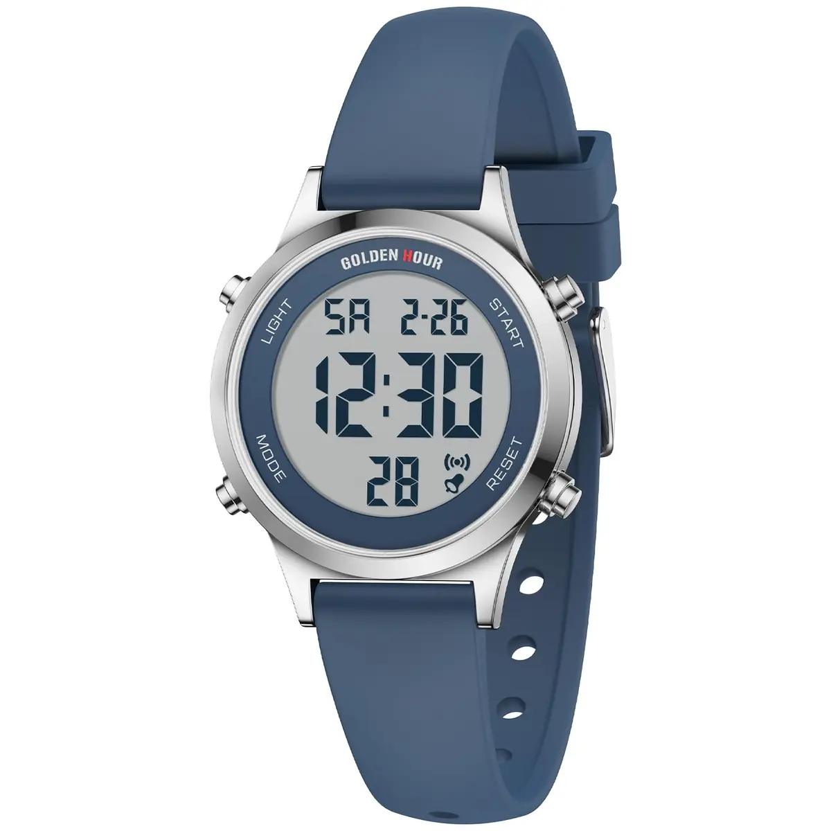 GOLDEN HOUR Women's Waterproof Digital Sports Watch 32mm Silver Case in Blue Strap | 50M Water-Resistant, Alarm & Stopwatch - view 2