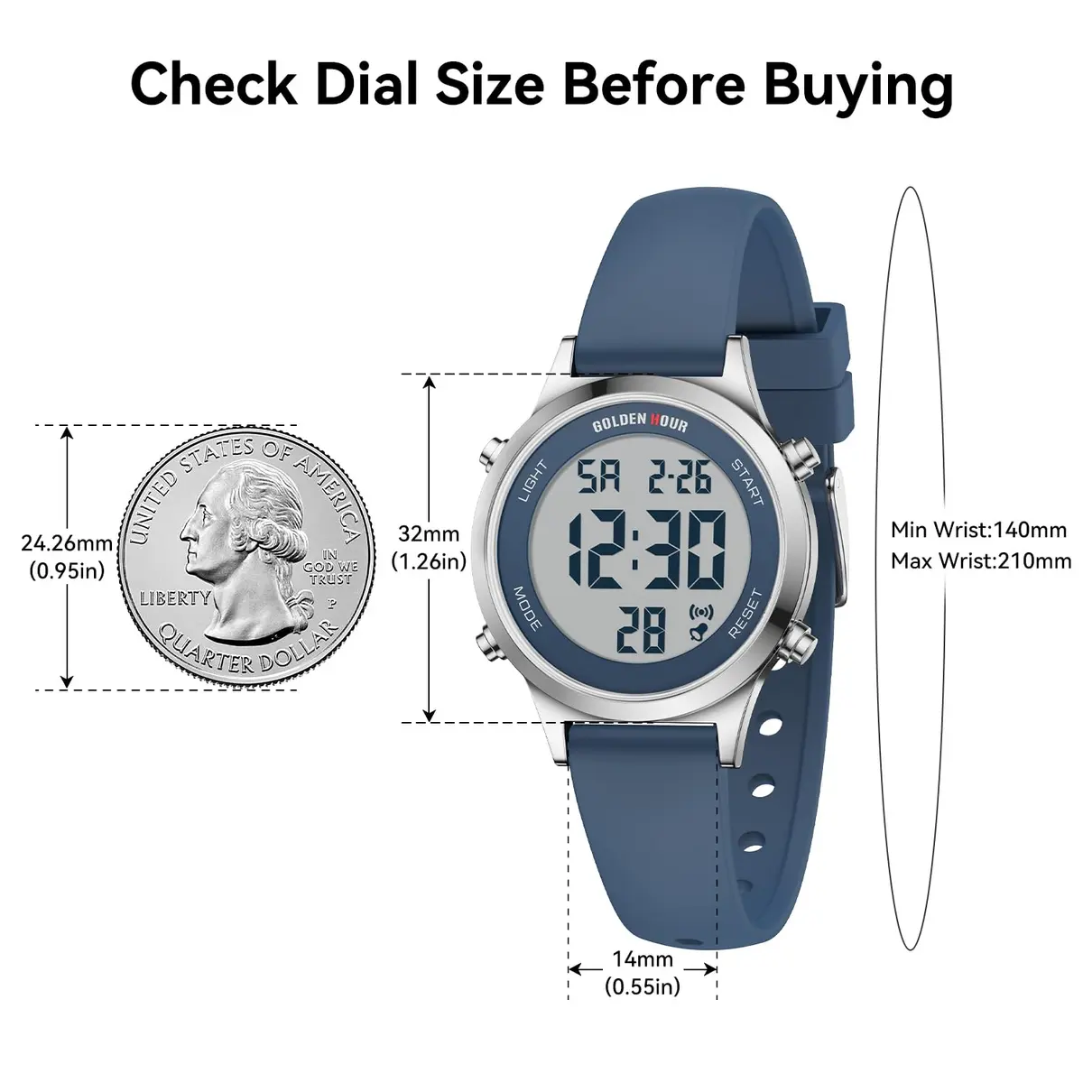 GOLDEN HOUR Women's Waterproof Digital Sports Watch 32mm Silver Case in Blue Strap | 50M Water-Resistant, Alarm & Stopwatch - view 3