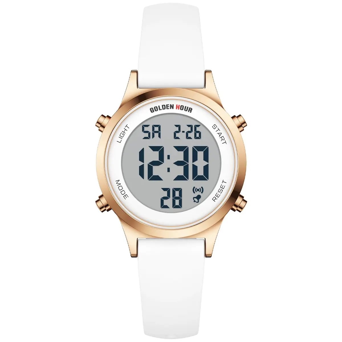 GOLDEN HOUR Women's Waterproof Digital Sports Watch 32mm Rose Gold Case in White Silicone Strap - main product image