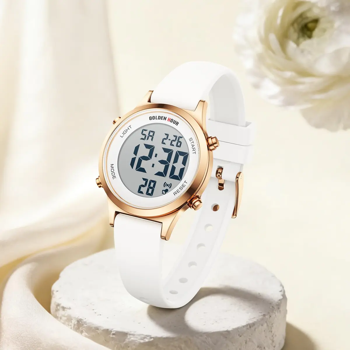 GOLDEN HOUR Women's Waterproof Digital Sports Watch 32mm Rose Gold Case in White Silicone Strap - view 5