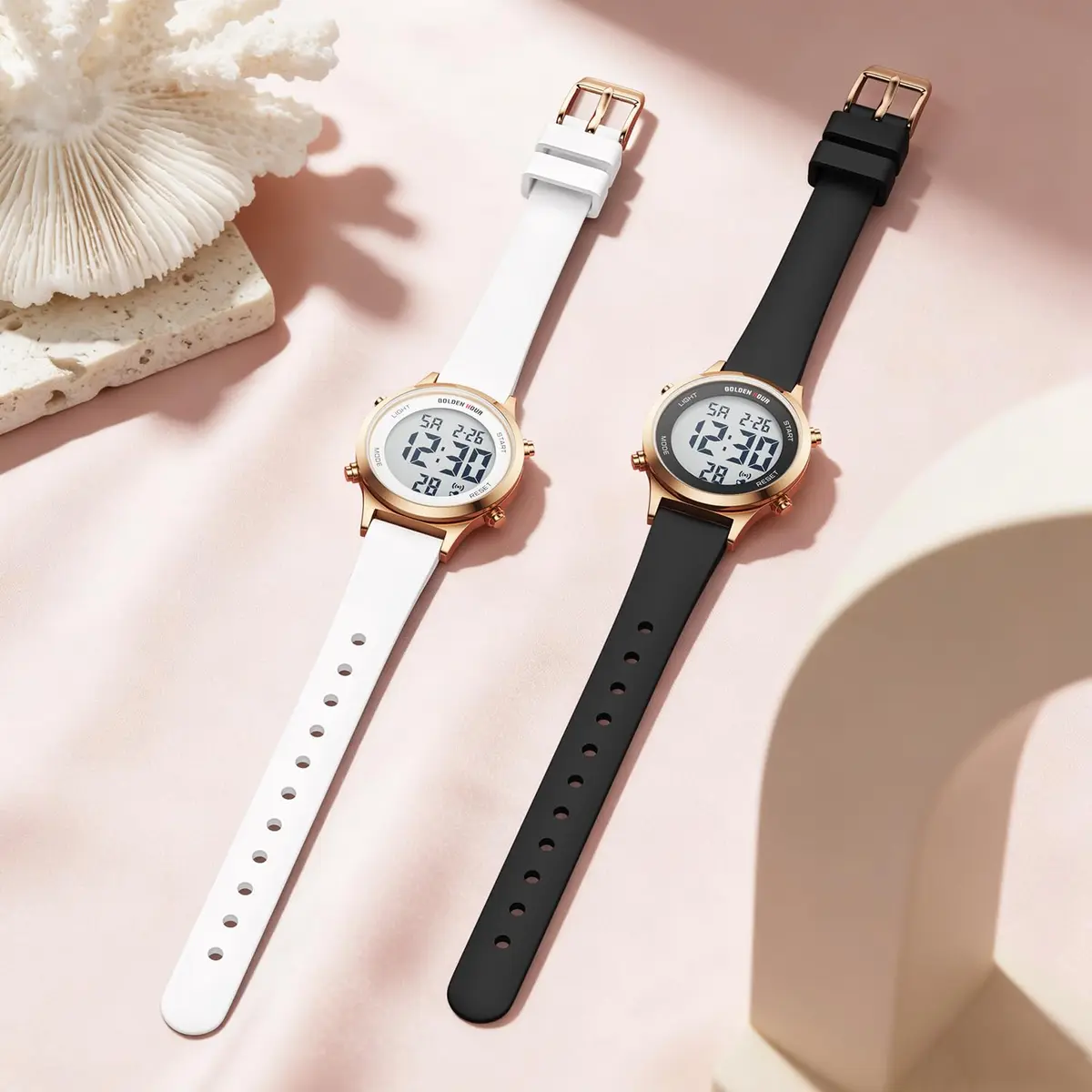 GOLDEN HOUR Women's Waterproof Digital Sports Watch 32mm Rose Gold Case in White Silicone Strap - view 6